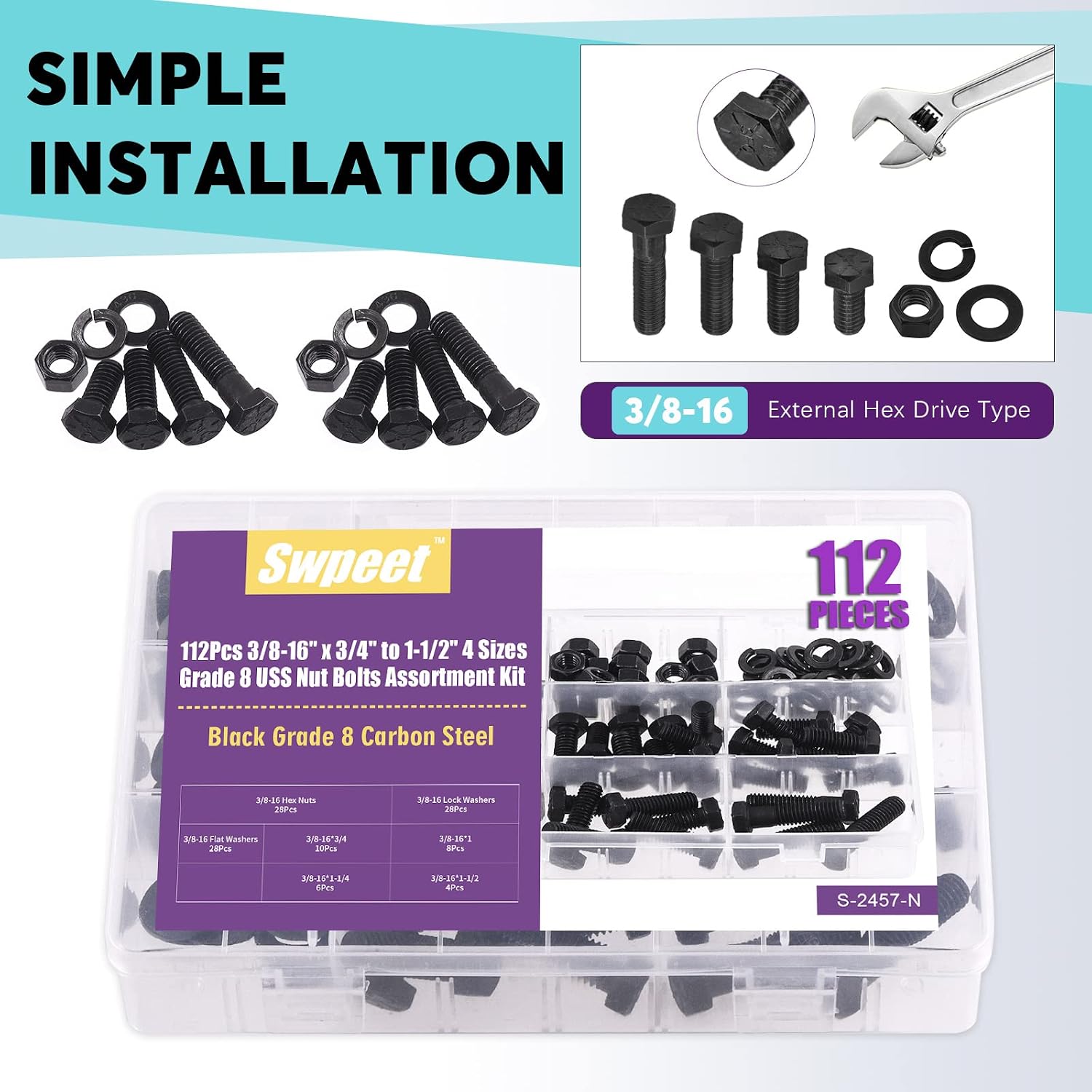 Swpeet 112Pcs 3/8-16" x 3/4" to 1-1/2" 4 Sizes Black Zinc Finish Carbon Steel Grade 8 USS Nut Bolts Assortment Kit, Heavy Duty Bolt Nut and Washer Assortment Coarse Thread Hex Head Cap Screws Bolt