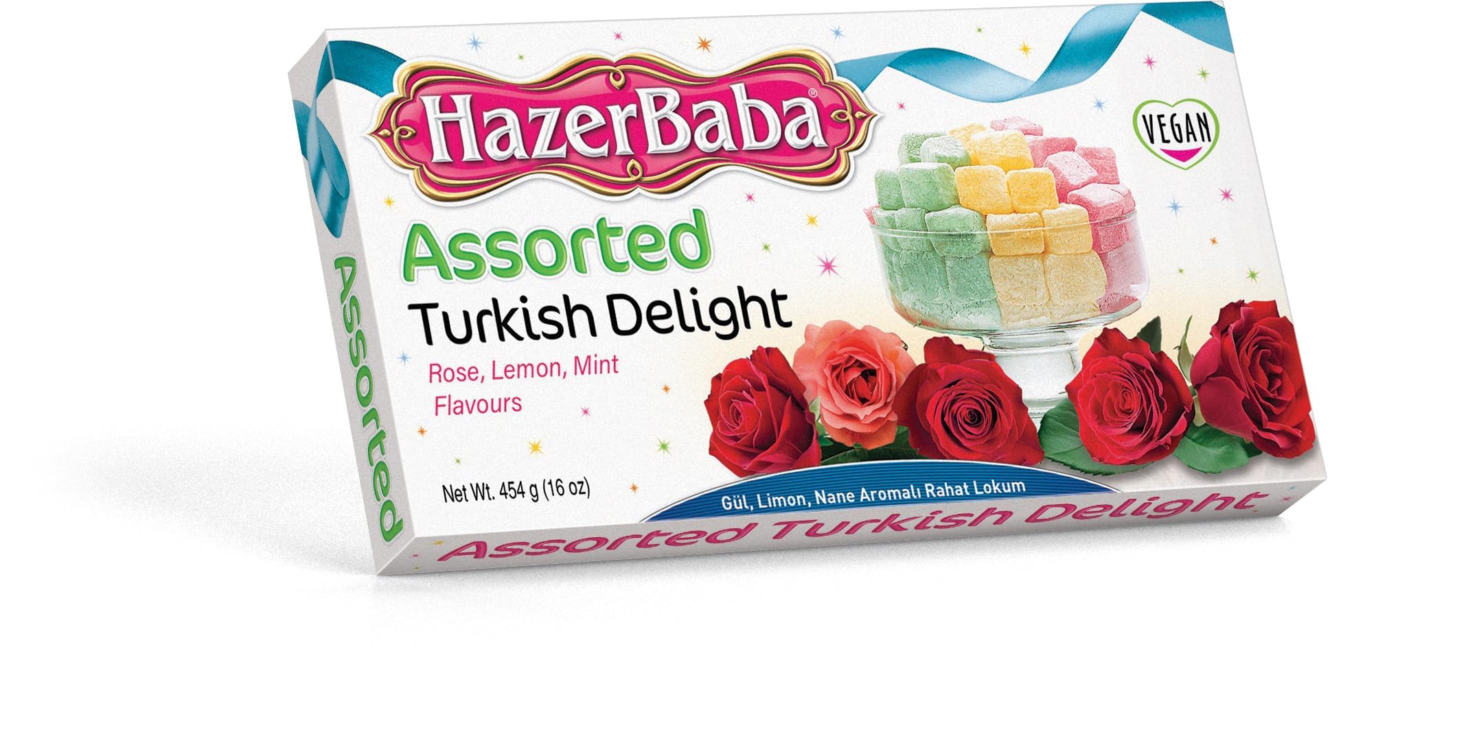 Hazer Baba Turkish Delight Candy, Assorted Rose & Lemon & Mint Flavors, Gourmet Snack Box, Traditional, Vegan Snack, Lokum, Sweets, Loukumi, Delicias Turcas, Halal, Kosher, 16oz (454g)