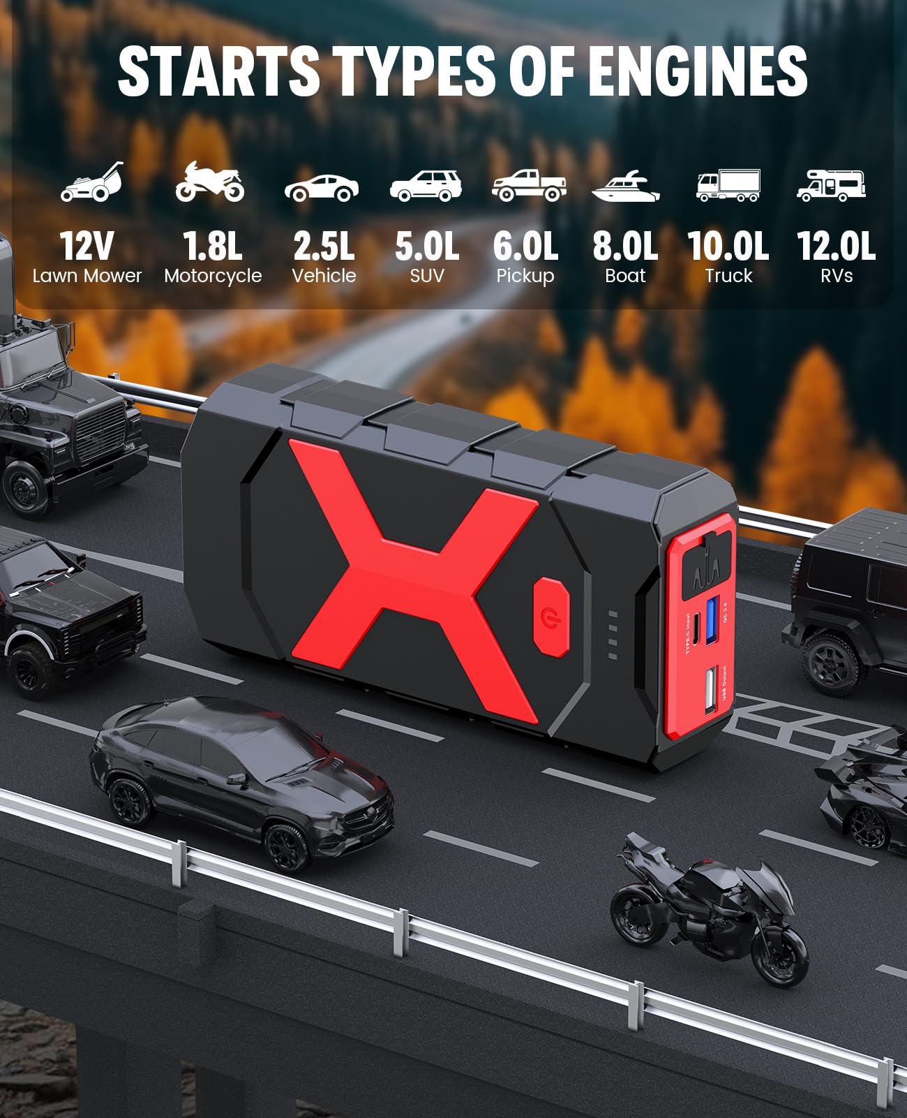 BOOKOO Arrancador A9 de 4000 A para coche, barco, cortacésped, motores diésel de 12 L de gas y 10 L, batería portátil de 12 V con cables de puente, puertos USB de carga rápida y USB C, 3 modos LED y