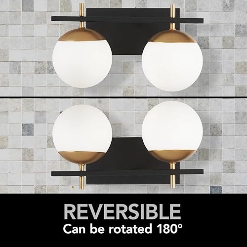 Miniatura 6 de 2 lámparas de baño, luz negra y dorada, luz de baño de mediados de siglo sobre espejo con pantalla de globo de vidrio blanco, apliques de pared para