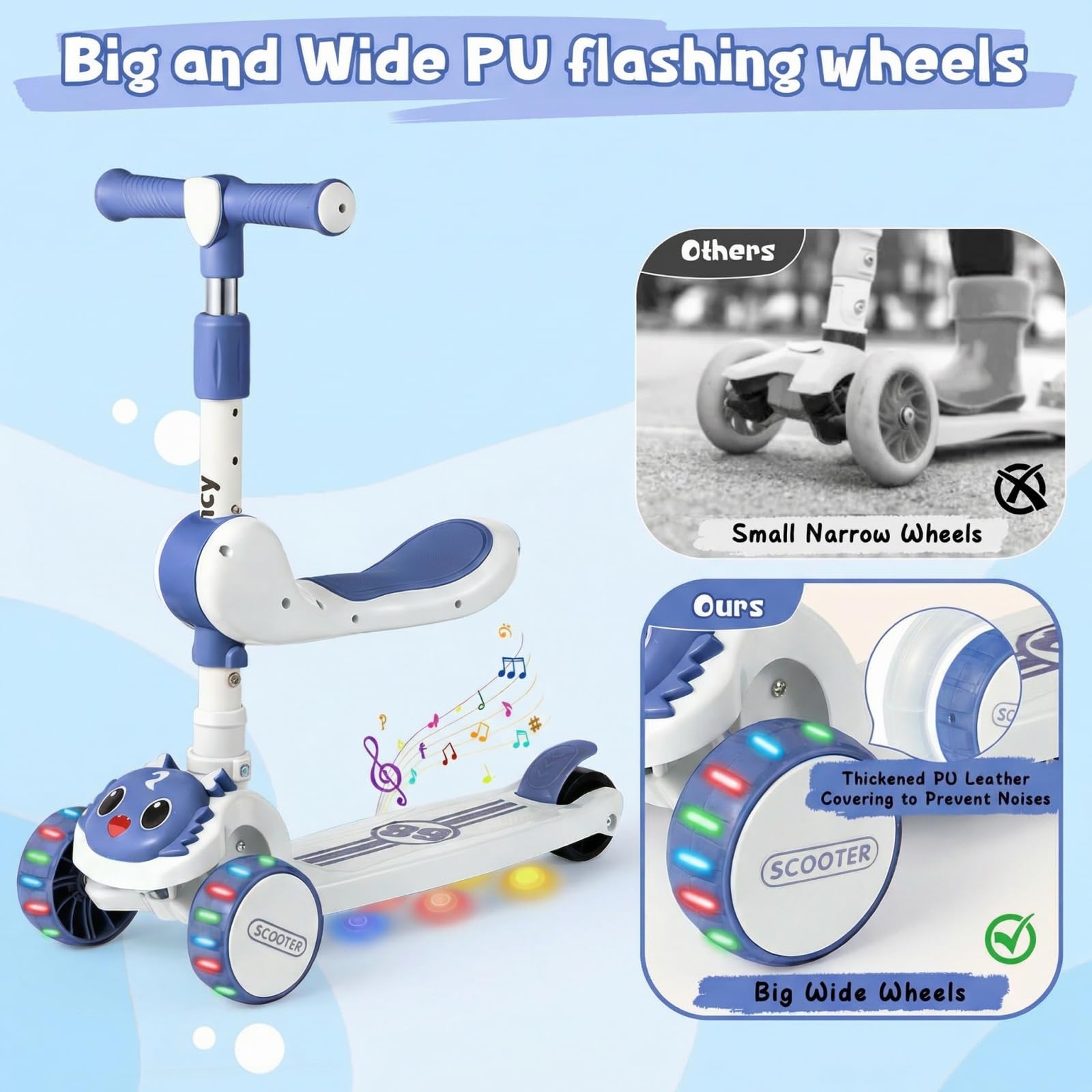 Patinete de 3 ruedas para niños de 2 a 8 años 2 en 1 con asiento desmontable, ruedas plegables con música y ruedas luminosas, altura ajustable, desplazable por cambio de peso