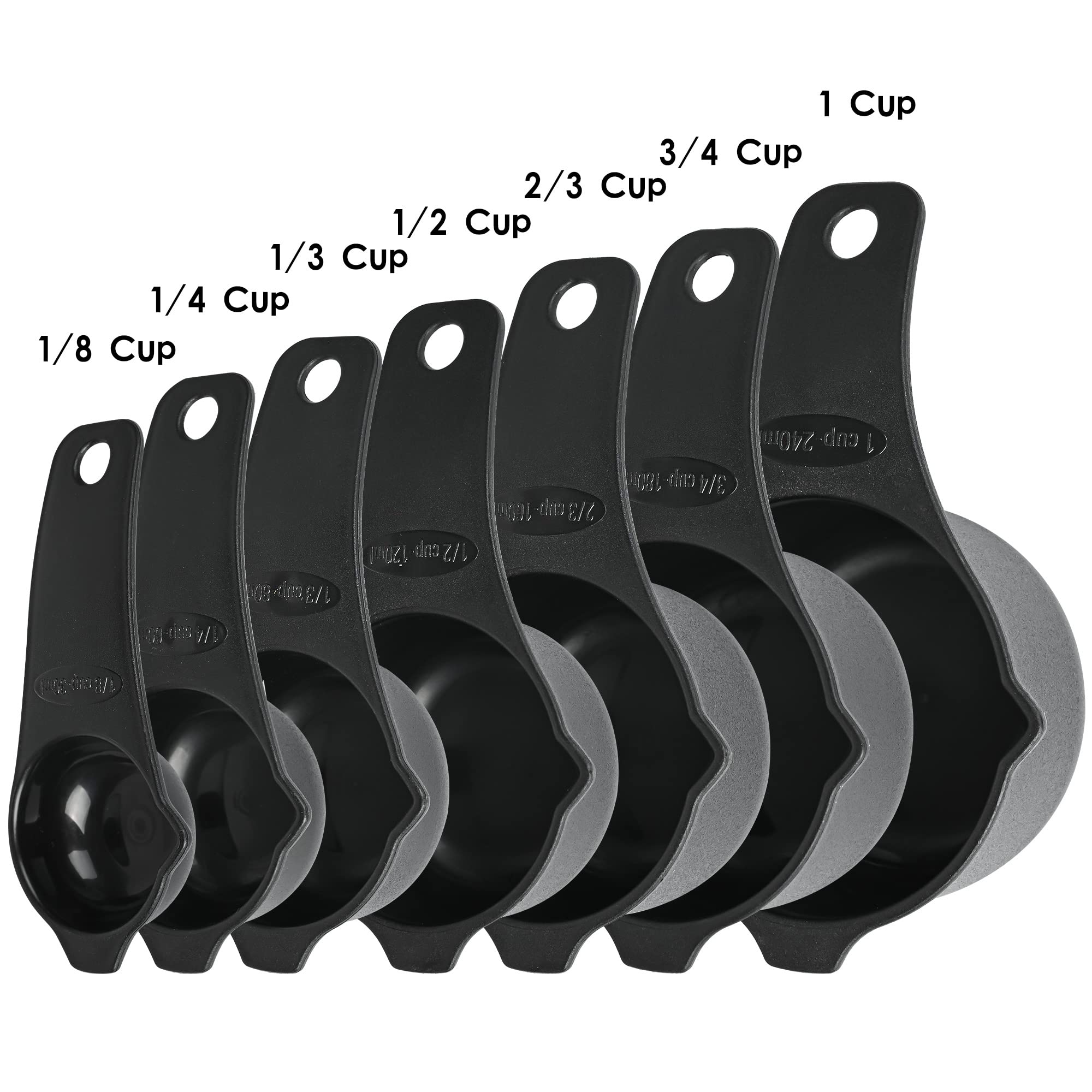 SUNMVEHOT Plastic Measuring Cups and Spoons Set, 7 Plastic Measuring Cups and 7 Plastic Measuring Spoons with 1 Leveler, Engraved Both US &Metric Plastic Measuring Cups Spoons for Kitchen&Baking Black