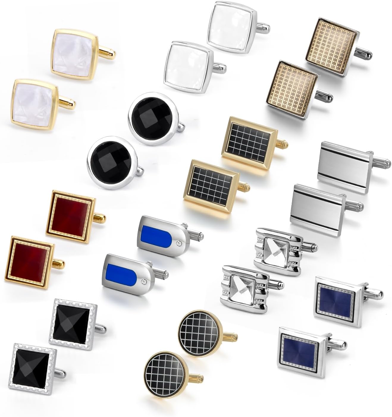 Set de 12 Mancuernillas para Hombre, Negro, Plateado y Dorado miniatura 1