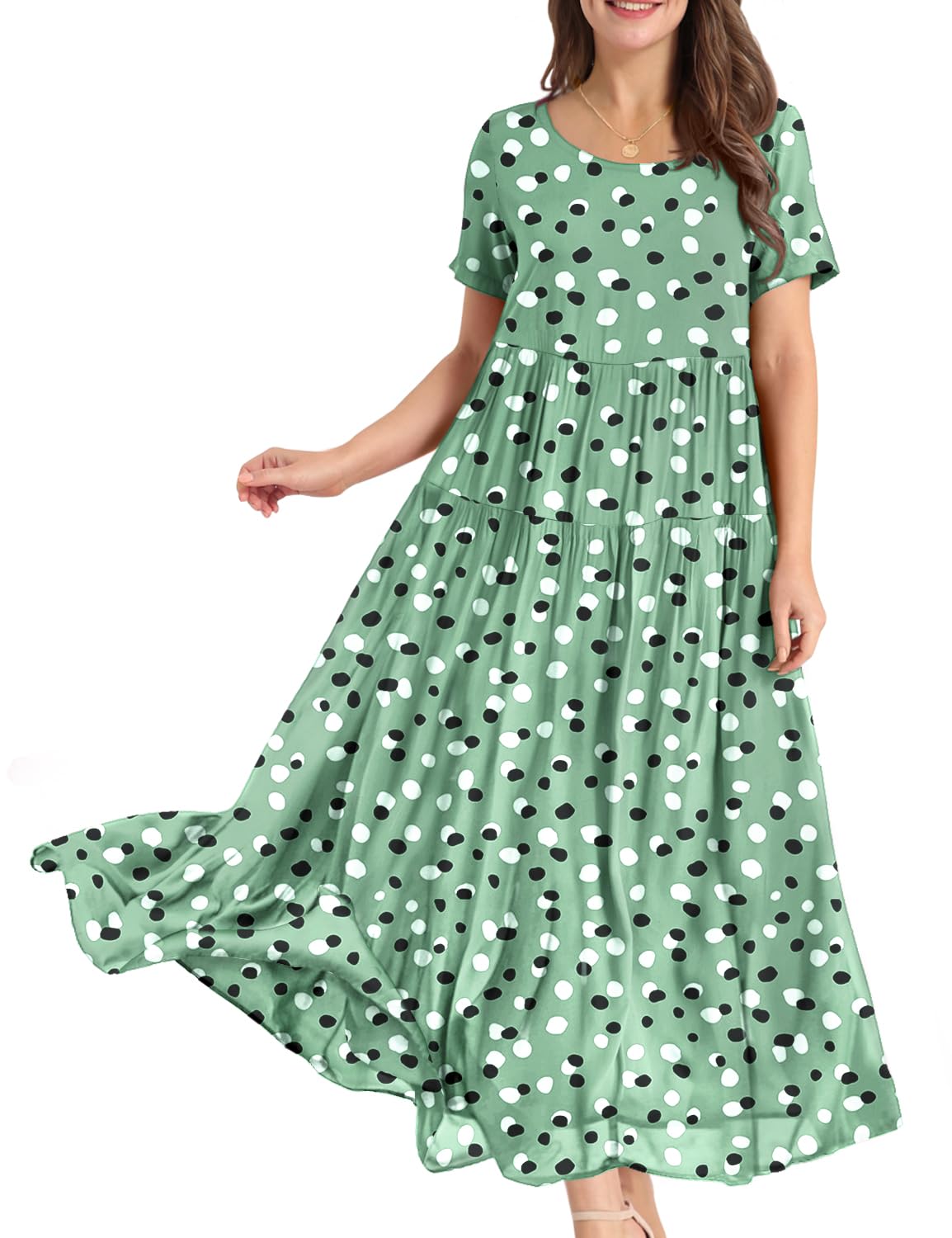 YESNO Damen Kleider Freizeit Lose Sommerkleid Lang Boho Maxikleid für Rundhals Strandkleid Blumenkleid EJFDE