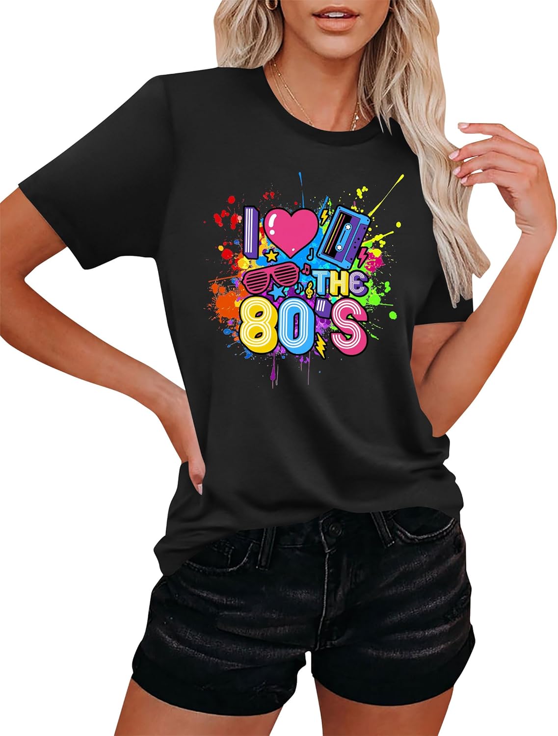 Womens 80s Shirts: 80s' Neon Music Party Tees I Love The 1980s Graphic Letter Blouse T-Shirts Tops - Image 2