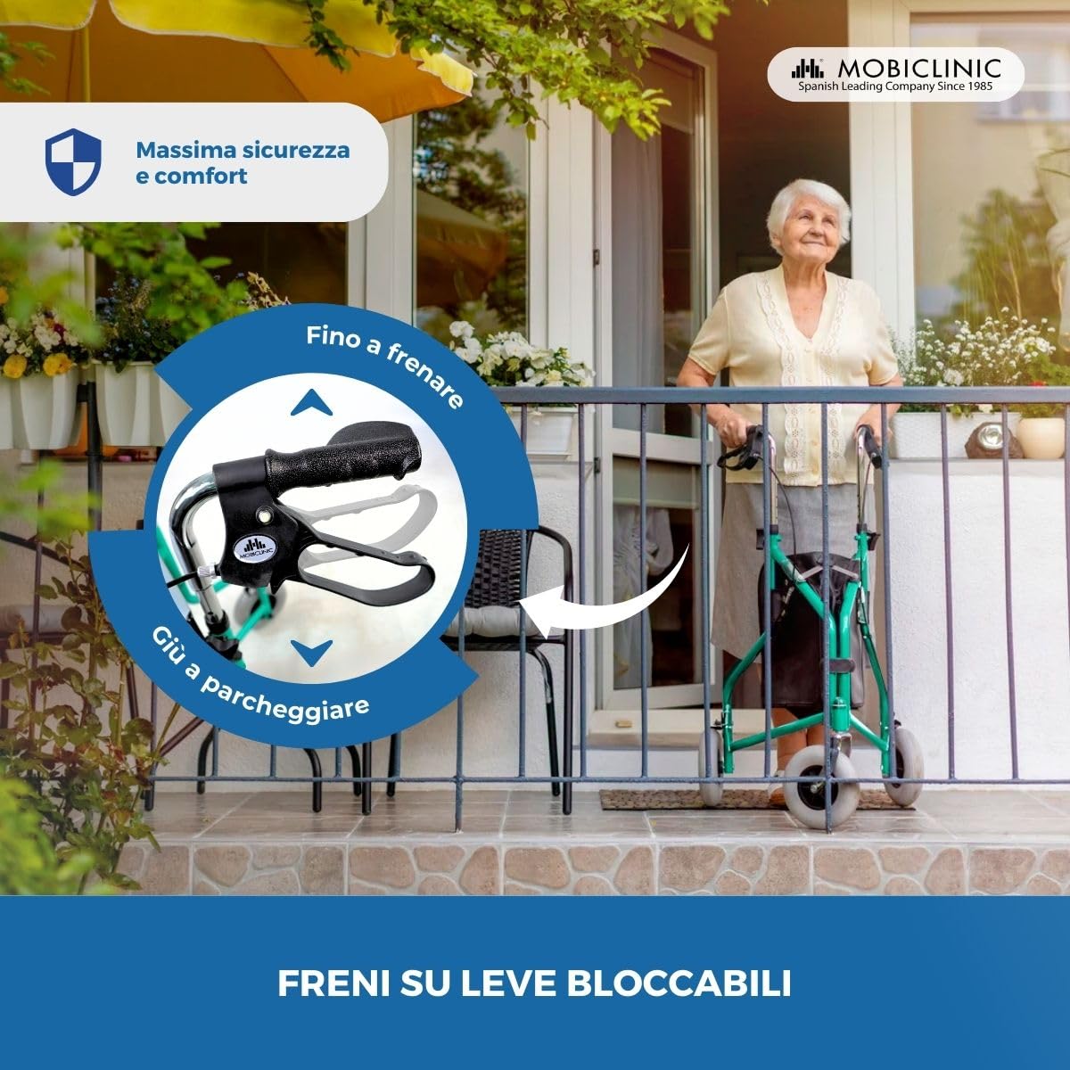 Mobiclinic®, Deambulatore per anziani, Cestino e 3 ruote, Con coperchio, Freni sulle maniglie, Altezza regolabile, Marchio spagnolo, Struttura leggera maneggevole, Piccole, Verde