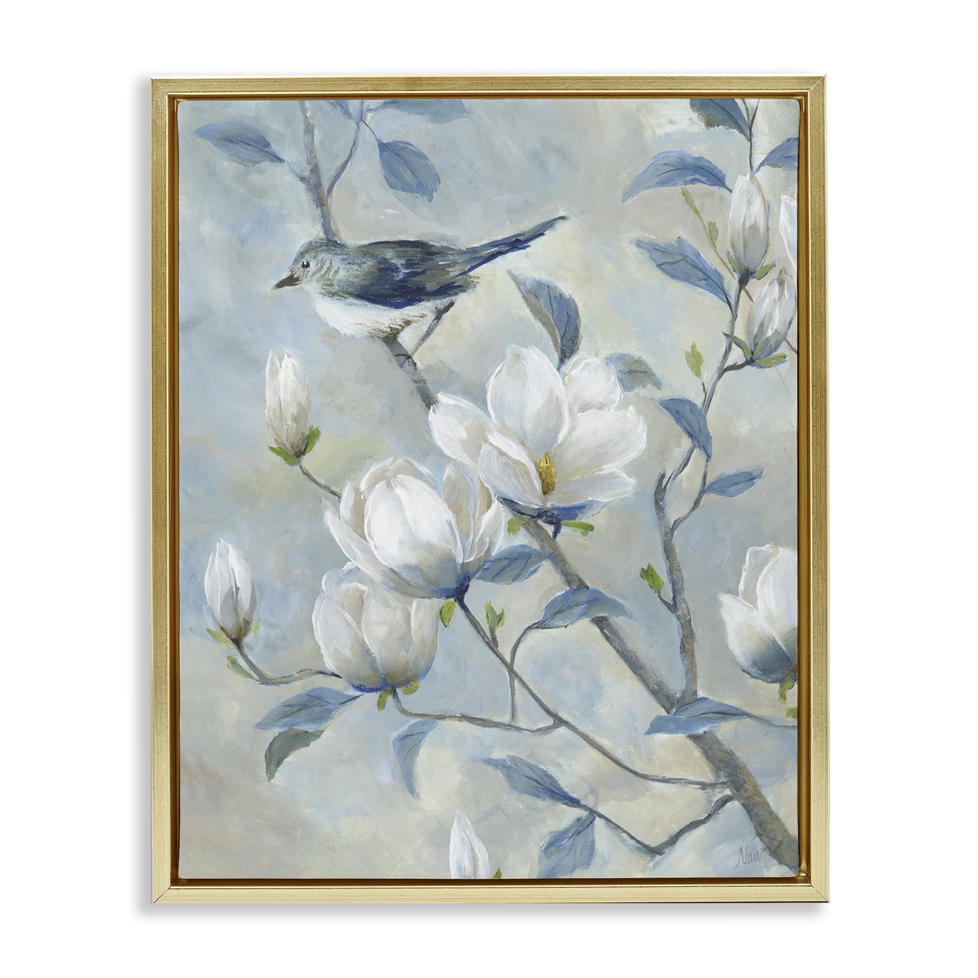 Stupell Industries Blue Bird Magnolia Blossoms 'Blue Bird In Magnolia Tree', Floating Frame Canvas Art, Gold, 25 X 31 Inches, Easy To Hang And Sturdy, Made In Usa, By Nan
