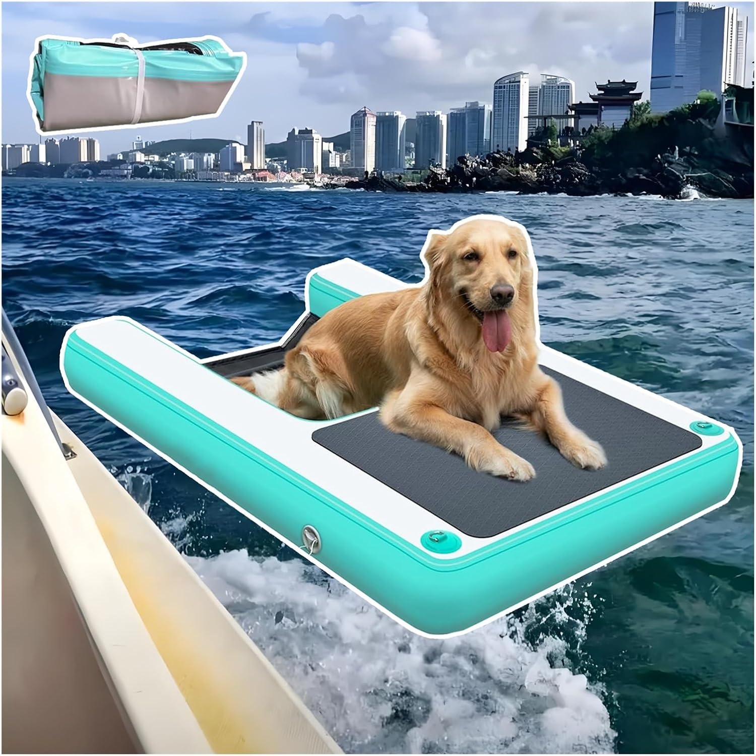 Collapsible Inflatable Dog Water Ramp, Reusable Dog Floating Ladder for Pool, with Additional Step, Portable Pet Dock Platform Load 105kg, for Lakes/Coasts/Docks(Green,2 Pack)