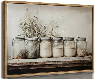 Framed Farm Kitchen Canvas Wall Art Rustic Vintage Country Mason Jar Spice Still Life Culinary art Painting Picture Farmhouse Wall Decor Poster Print Artwork for Dining room Home Decoration