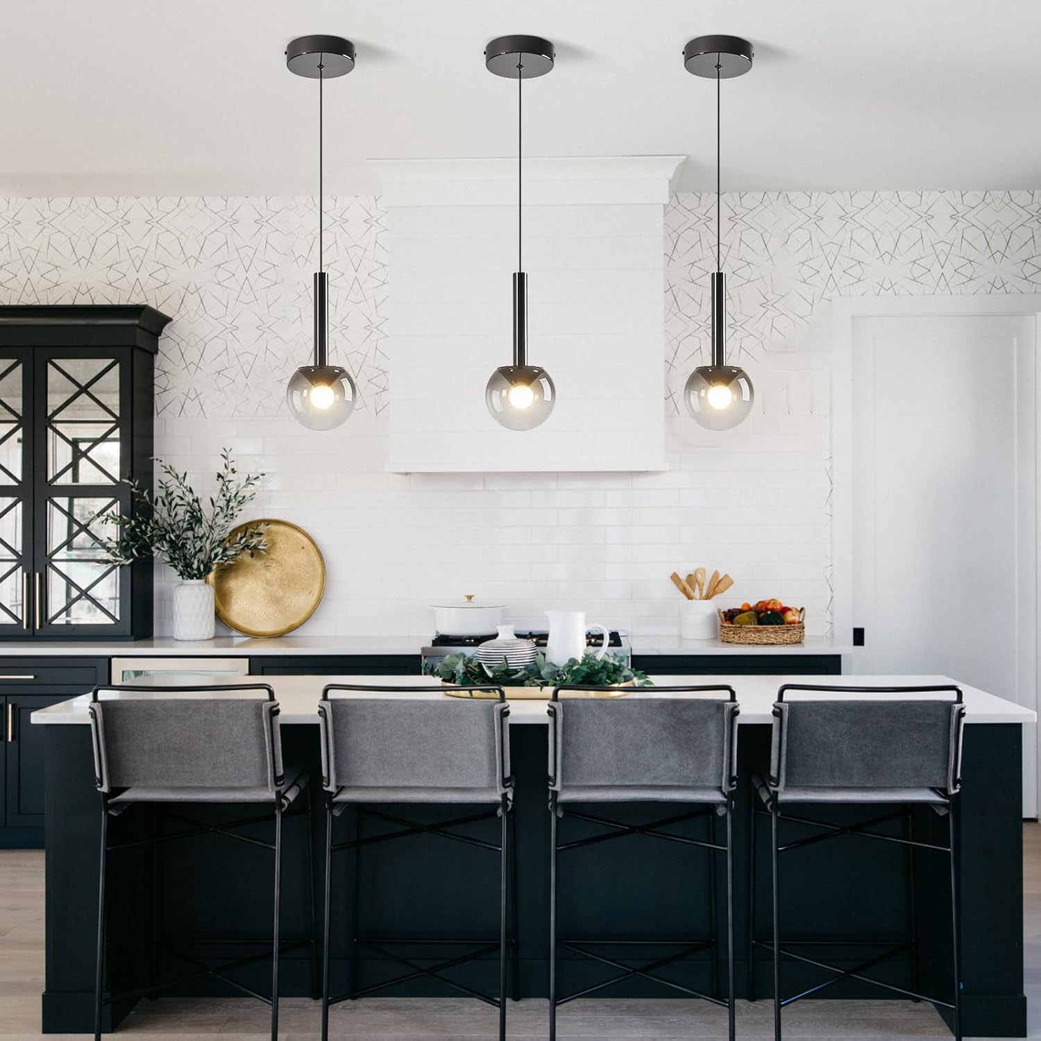 Globe Pendant Lighs for Kitchen Island,Modern LED Black Hanging Light Fixture with Gradient Gray Globe Glass Adjustable Ceiling Lights for Restaurant bar Sink Bathroom Entryway (2-Pack)