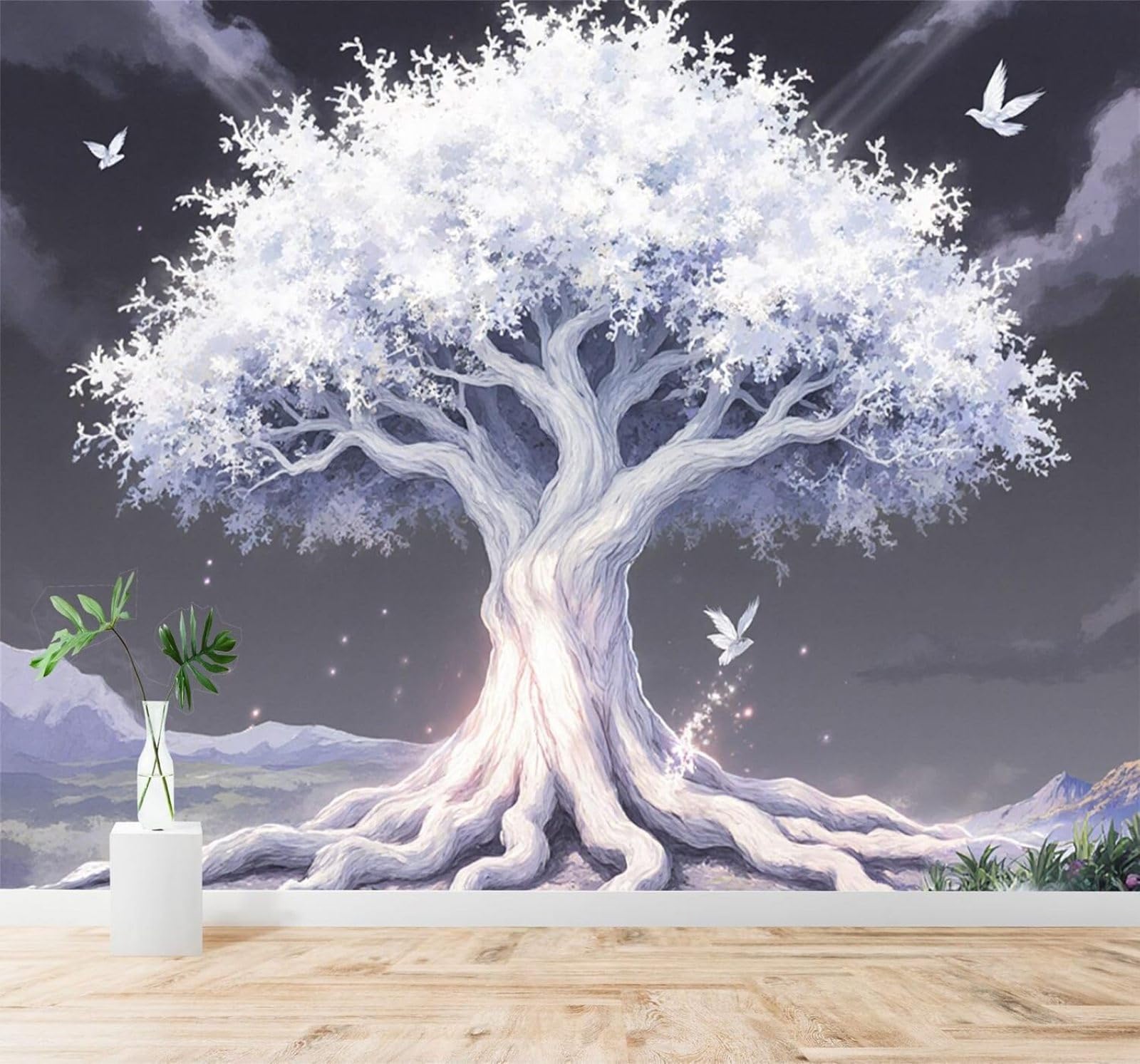 Xlming 400Cm×280Cm(B×H) Creative Three Dimensional White Glowing Tree Roots Night Sky Flying Pigeons 3D Wallpaper Silky Texture Home Study Office Grey Dining Room Sofa Bedroom Living Room Tv Backdrop-400Cm×280Cm