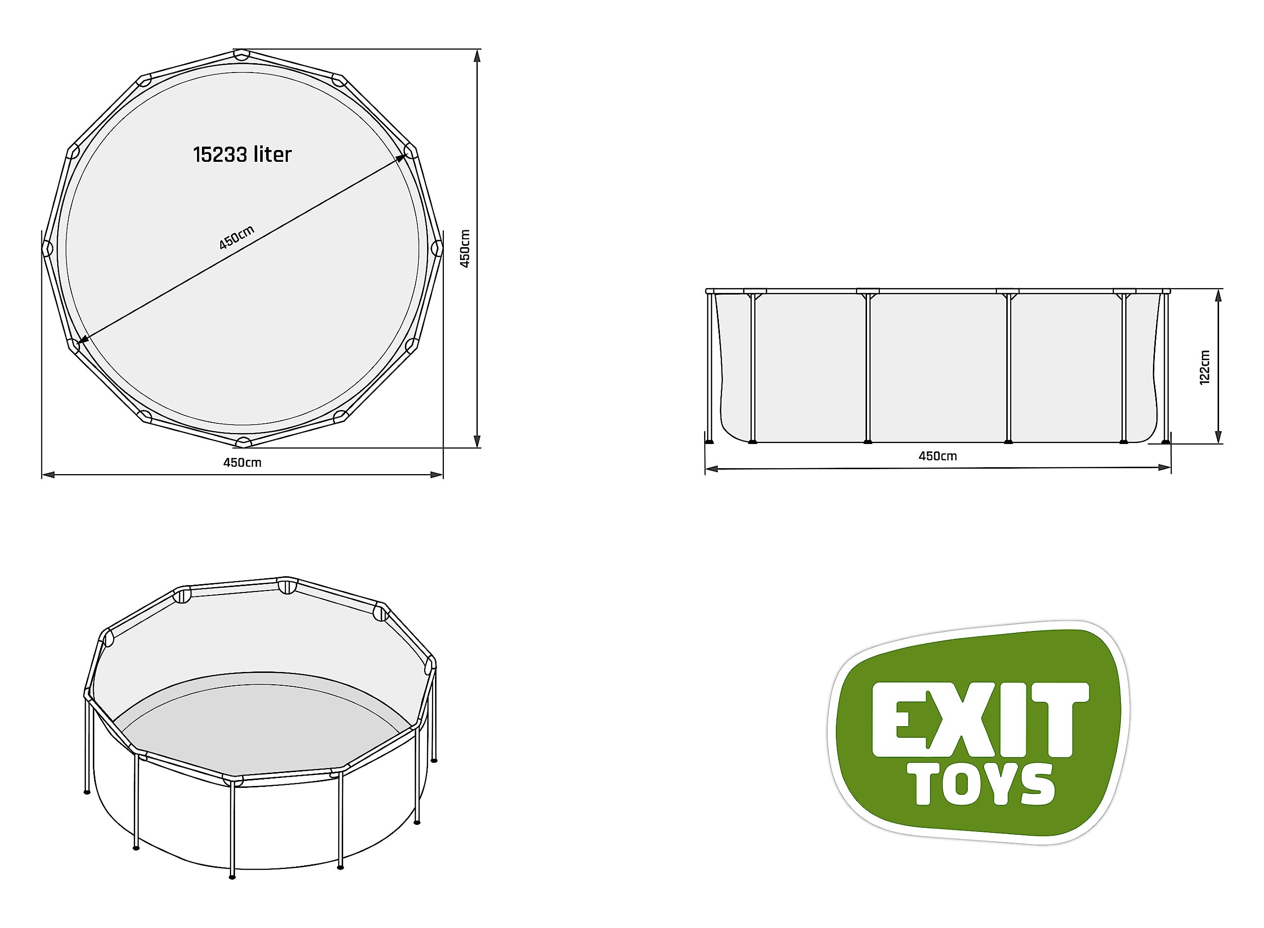 EXIT Toys Piscine Stone - ø450x122cm - Grande Piscine Ronde à Cadre EXIT Toys avec Pompe à Filtre à Sable - Piscine Extra Profonde - Cadre Solide - Échelle de Piscine Incluse - Design Unique - Gris