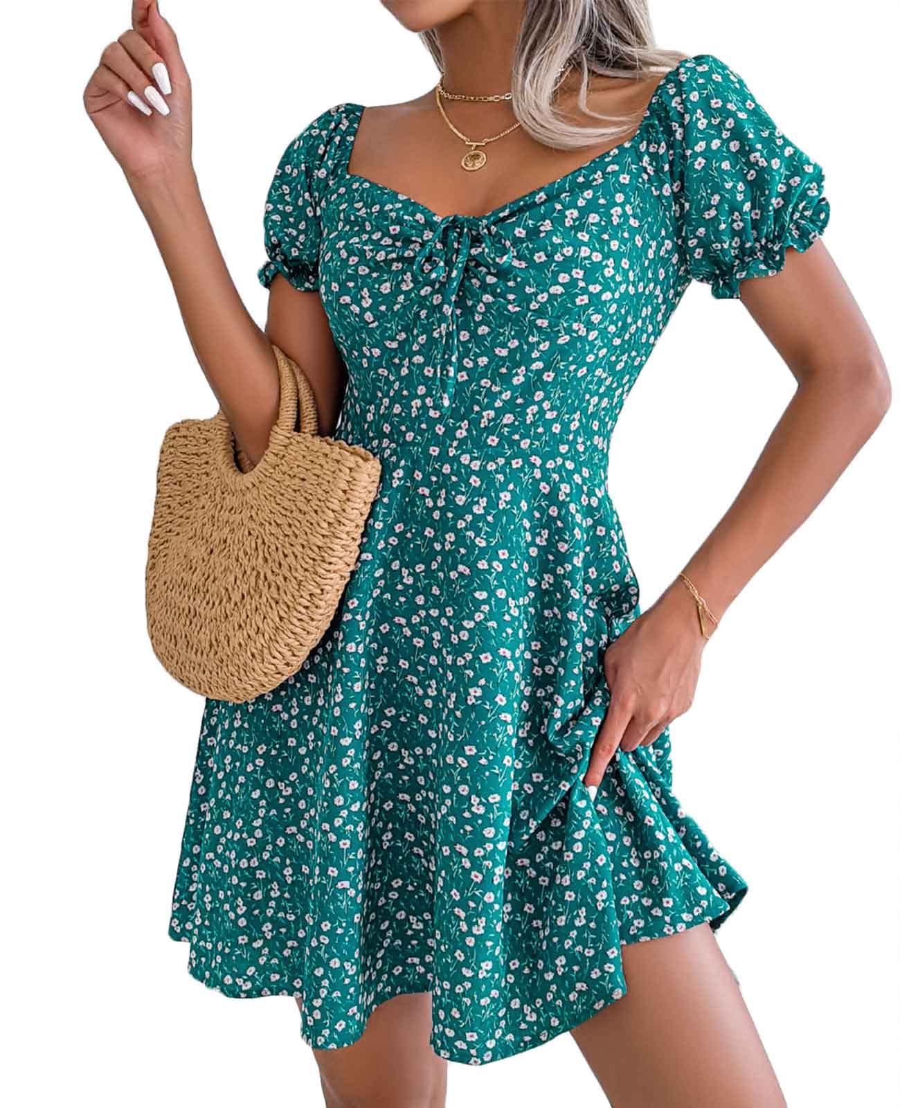 CheChury Vestido Mujer Verano Manga A-Line Corta Casual Vestido Cuello en V Playa Vestido Mujer Informal Vestido de Oscilación Holgado Cocktail Sundress Vestido de Fiesta Maxi Vestido de Playa