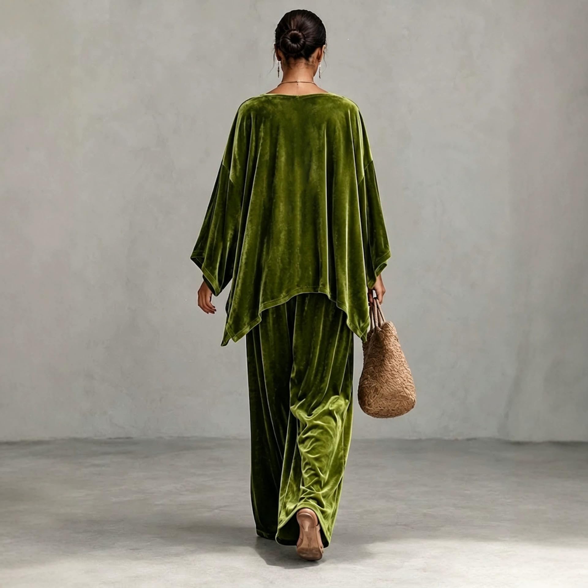 Completo da Donna In Velluto A Due Pezzi Stile Boho: Top Ampio con Maniche A Pipistrello Oversize E Orlo Irregolare, Vestibilità Ampia, E Pantaloni Gamba Larga Vita Alta, Coordinati per Il