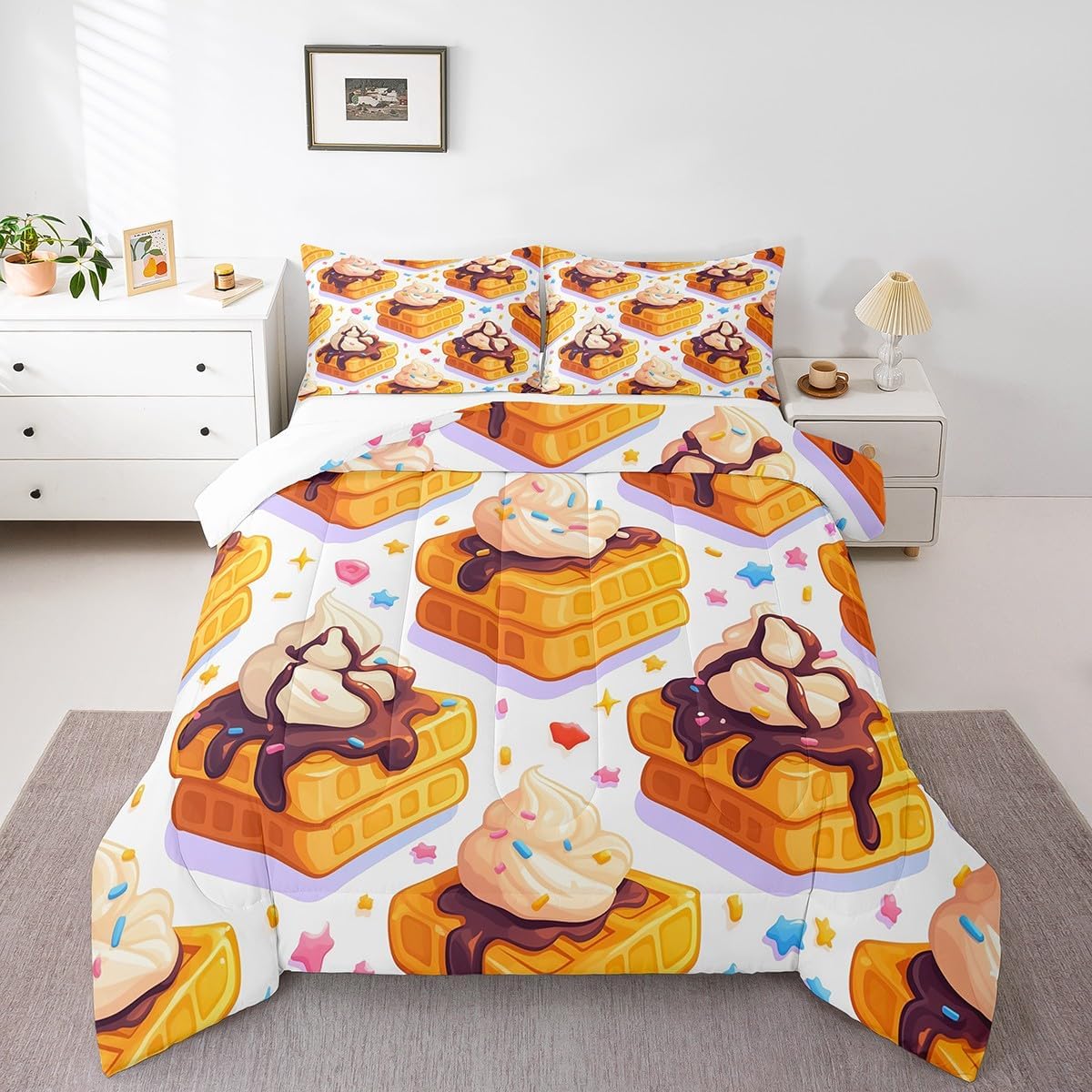Ice Cream Cake Comforter Queen for Kids Adults Youth,Dessert Lover Cartoon Bread Quilt Comforter Room DecorWatercolor Star Candy Delicious Dessert Quilted Duvet Duvet Insert,2 Pillowcases