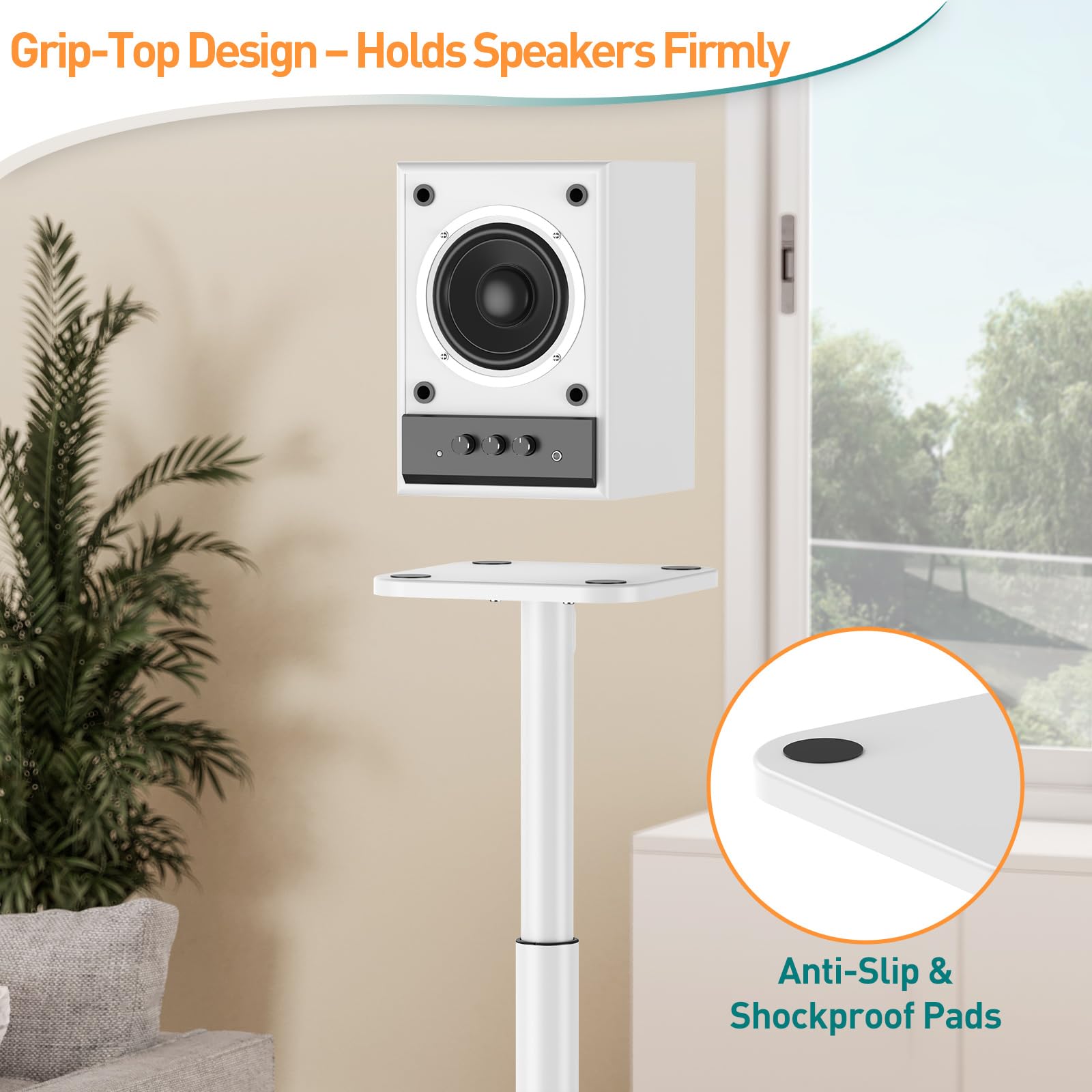 ELIVED Soporte universal para altavoces (altura regulable hasta 95 cm, con base de cristal y canal de cable interno para altavoces de estantería, 10 kg, 1 par), color blanco