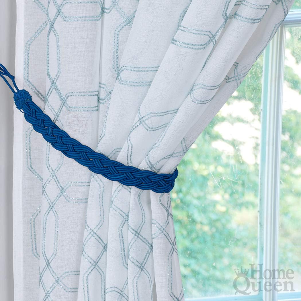 Home Queen Hand Braided Curtain Tie Back, Buckle Holdback Drapery Curtain Tiebacks, 2 Rope Belt Curtain Tie with 2 Metal Hooks, Navy
