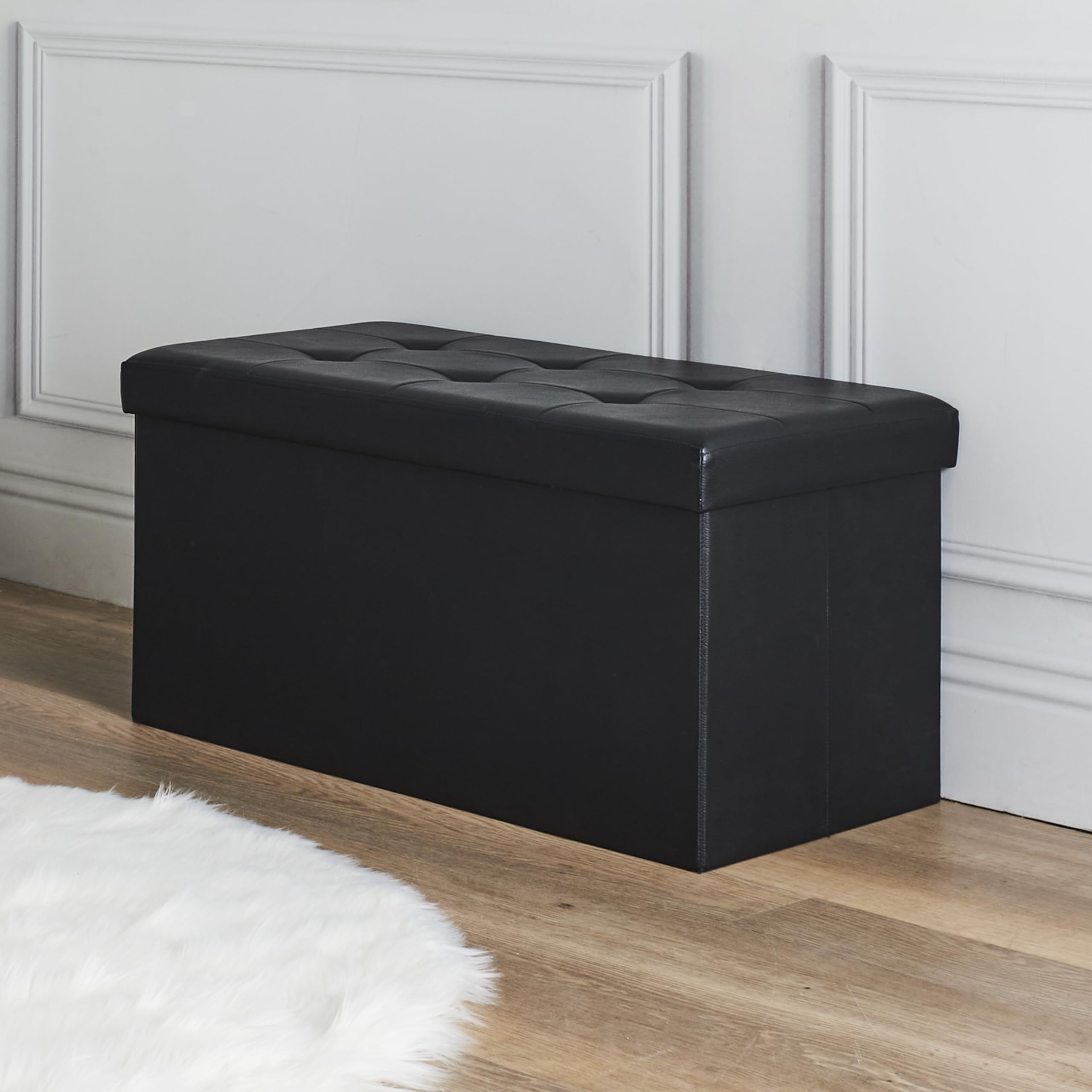 HOME DECO FACTORY - HD3404, Baúl Banco Plegable en PU Negro, Diseño Práctico y Elegante, Diseñado para Almacenamiento, Dimensiones 76 x 37,5 x 37,5 cm, Color Negro
