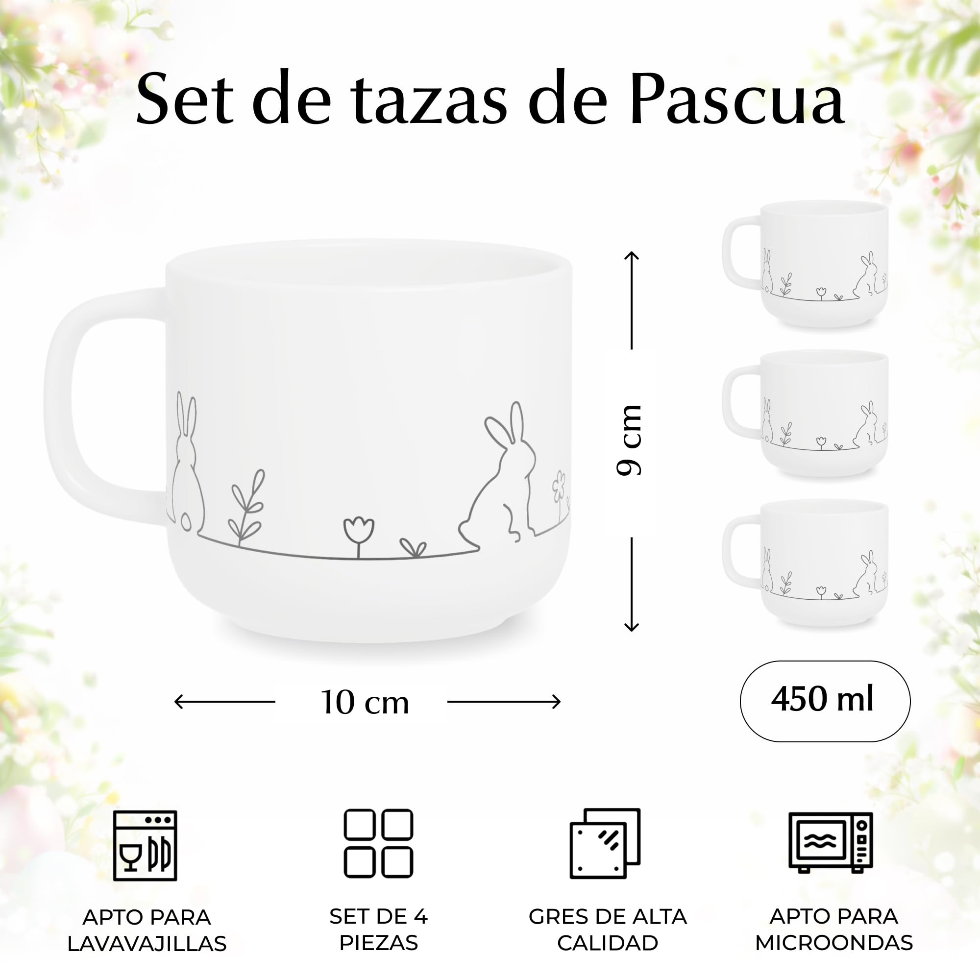 MIAMIO – Juego de tazas de primavera / 4 tazas de café de cerámica de 450 ml en colores pastel/tazas grandes de café y té con un diseño moderno – Regalo en Pascua y primavera (White)