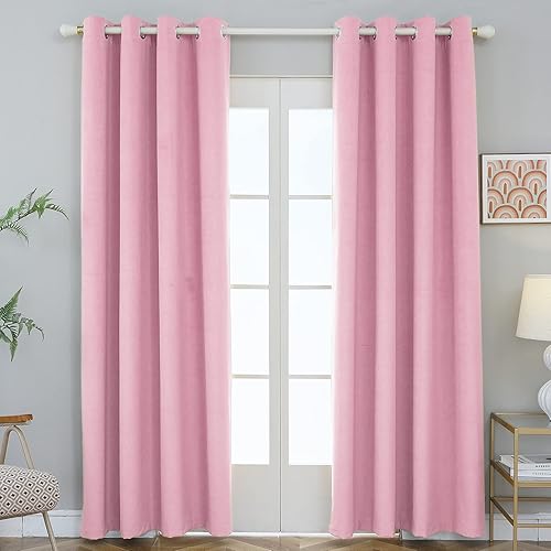 FY FIBER HOUSE Velvet Curtains Blackout Pink Elegant Grommet Curtains Thermal Insulated Soundproof Room Darkening Curtains/Drapes for Living Room Bedroom Decor 52 x 95 Inch Set of 2