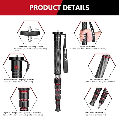 Miniatura 4 de Manbily Monopod para cámara, monopie de viaje portátil compacto y ligero de fibra de carbono con mango para cámara réflex digital, canon, nikon,