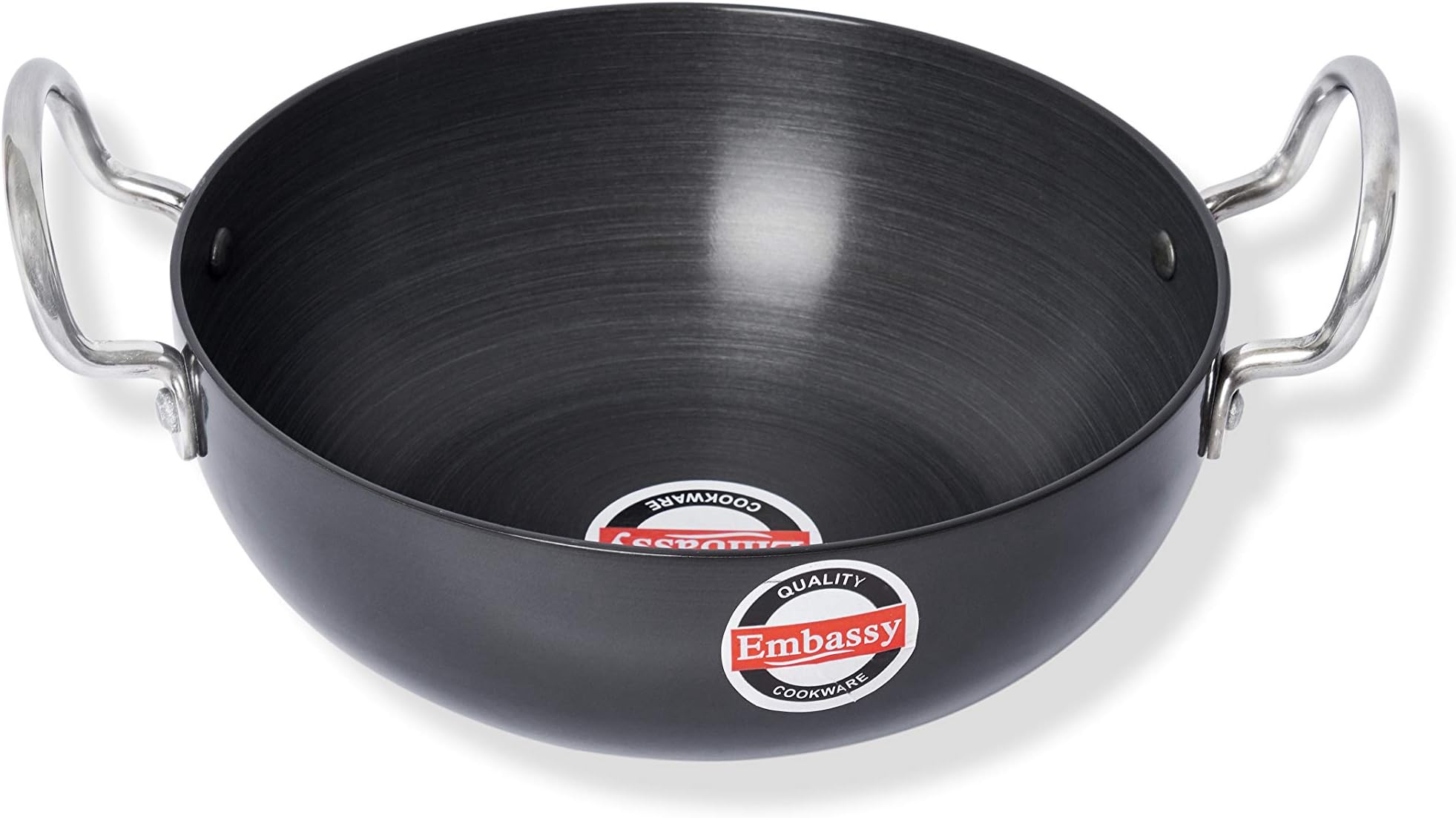 EMBASSY Hard Anodised Deep Kadhai/Fry Pan, 3 litres (Size 13, 25 cms), Gas Stovetop Compatible, Round Bottom, Black