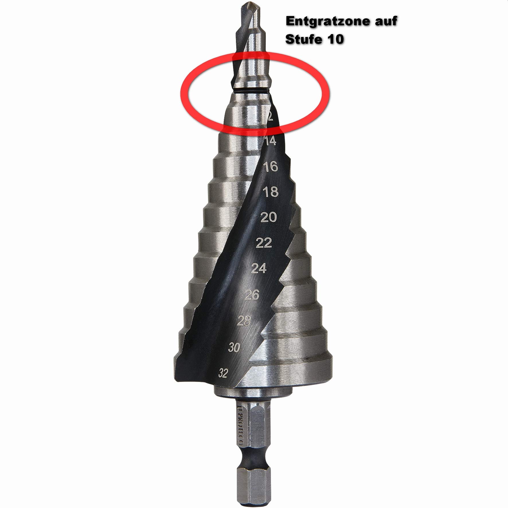 Proteco-Werkzeug® HSS Titan TIN TiALN Profi Stufenbohrer Konusbohrer Schälbohrer Metallbohrer Set 3-tlg. mit Schnellspannschaft für Bohrmaschinen