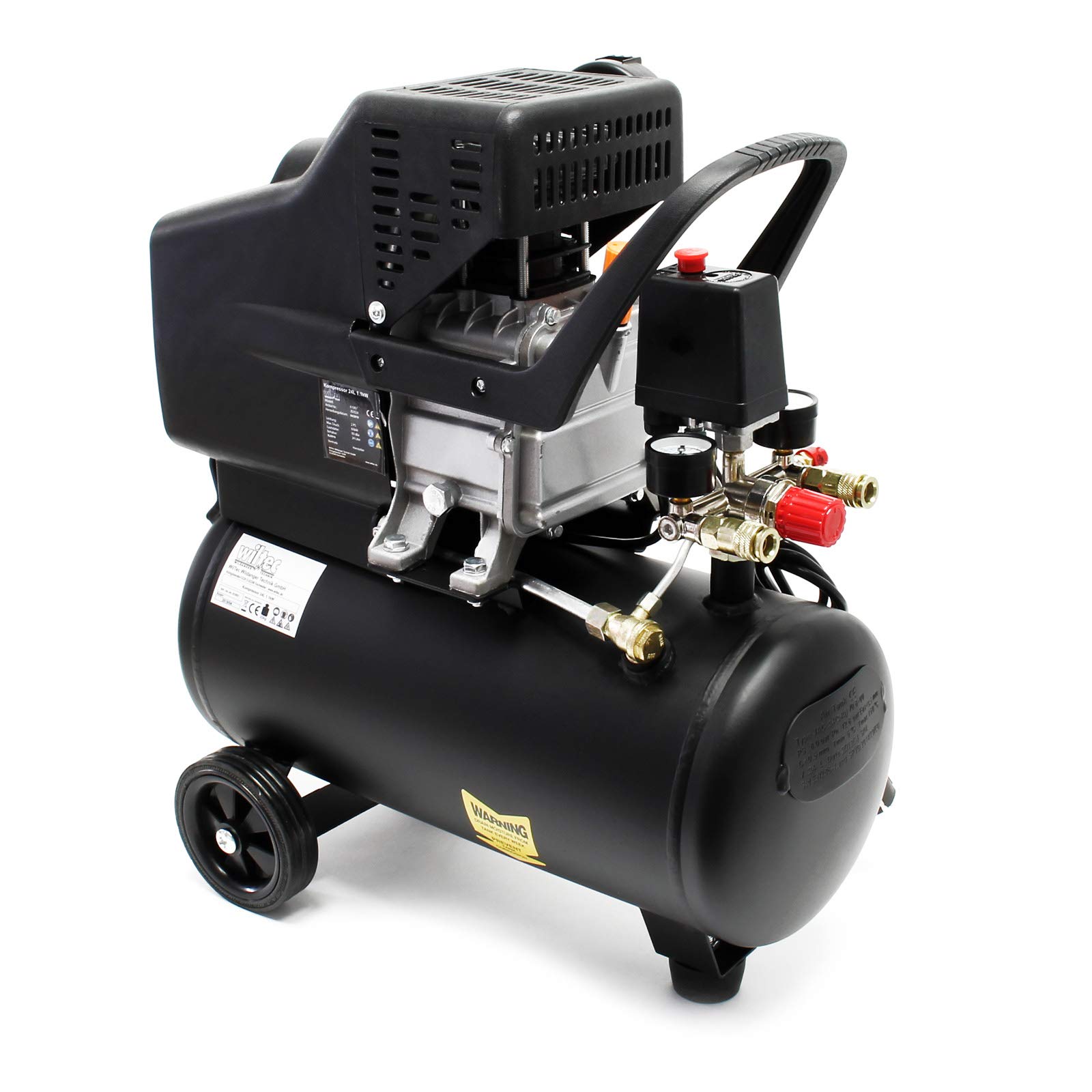 Wiltec Compresseur d'air avec Réservoir de 24 l – 540 x 260 x 600 mm – 1100 W 1,5 CV – 206 l/min – Outil d’atelier Mobile avec Roues et Poignée