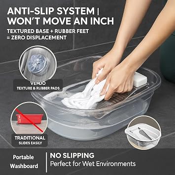 Small Washboard Basin for Hand Washing Clothes, Laundry Wash Tub with Built-in Washboard, Soap Holder, Drain Outlet & Carry Handles, Hand Wash Basin for Delicates, Baby Clothes, Apartment, Dorm & RV