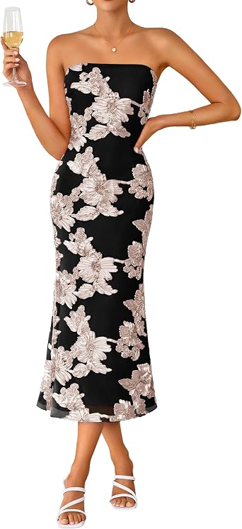 ZESICA Cocktail Wedding Guest Dresses for Women 2026 Summer Strapless Floral Bodycon Mesh Tube Formal Party Midi Dress