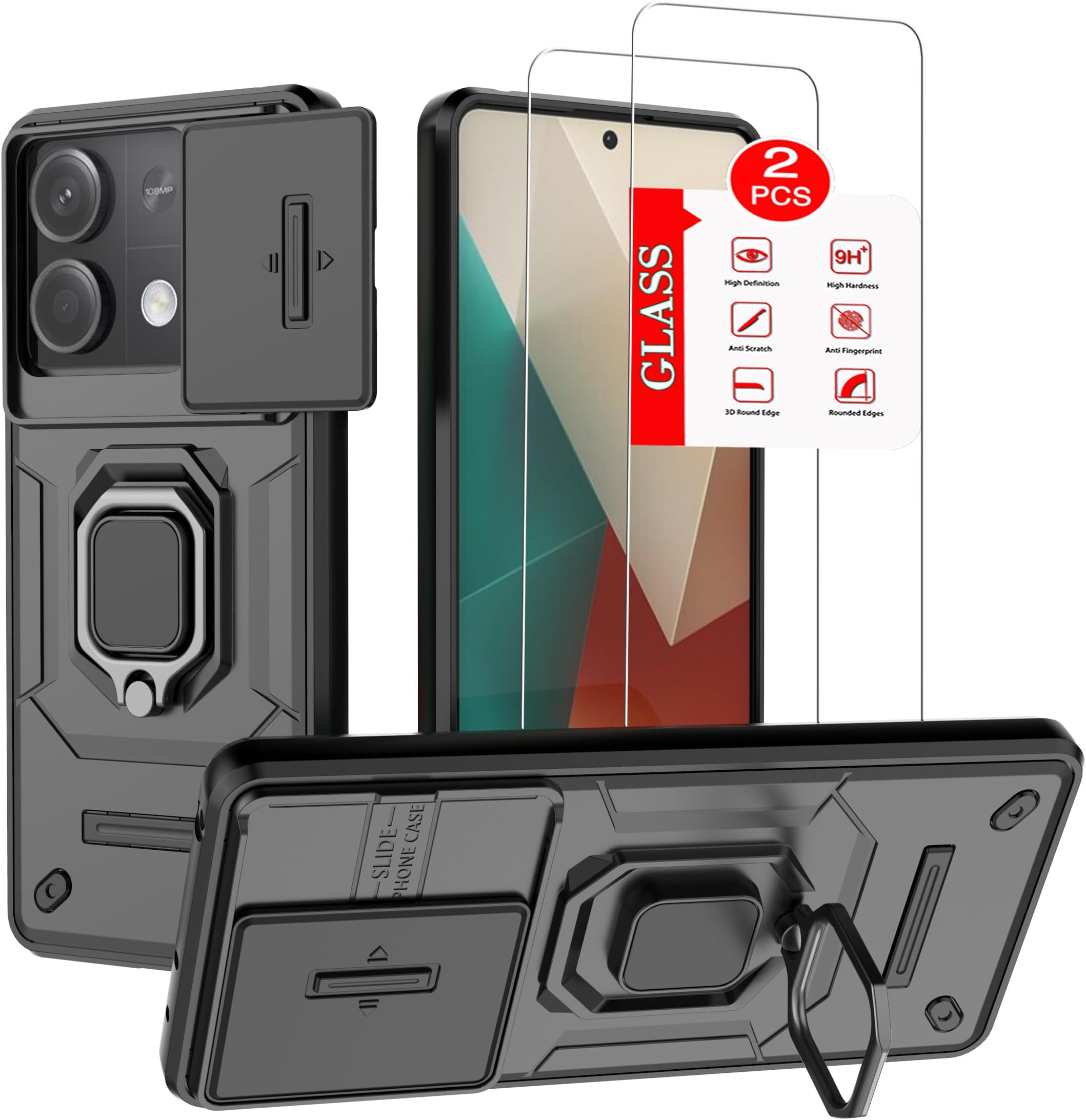 for XiaoMi RedMi Note 13 5G【Not fit 4G】Case with [2 Pack] Tempered Glass Screen Protector, for XiaoMi RedMi Note 13 5G [Military-Grade] Protective Armor，Lens Protects Magnetic Kickstand Case