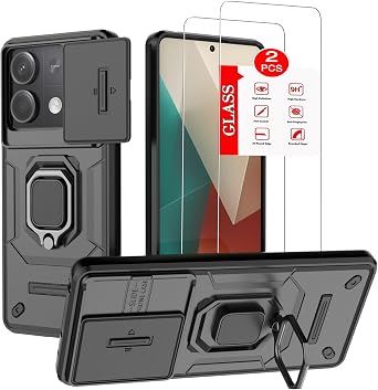 for XiaoMi RedMi Note 13 5GNot fit 4GCase with [2 Pack] Tempered Glass Screen Protector, for XiaoMi RedMi Note 13 5G [Military-Grade] Protective Armor,Lens Protects Magnetic Kickstand Case