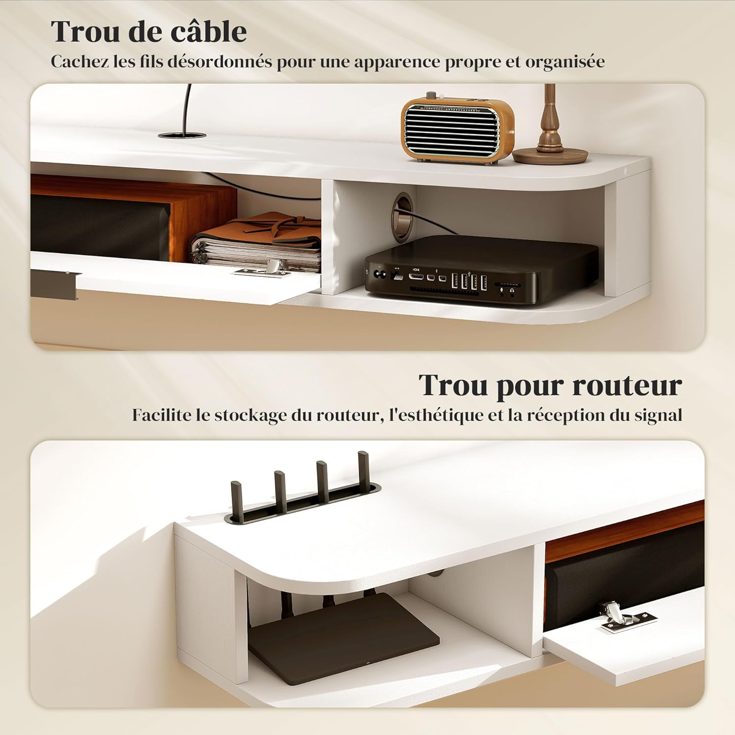 Close-up of cable hole and router hole on the TV stand