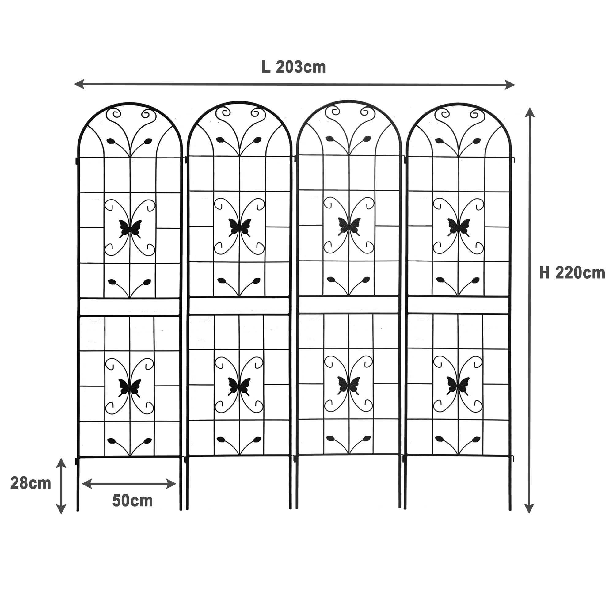 Rankgitter 220x50cm 2er Set / 4er Set, Klettergitter aus Metall für Kletterpflanzen, Sichtschutzgitter Schwarz für Balkon & Terrasse, Wandspalier mit elegantem Design (4er Set)