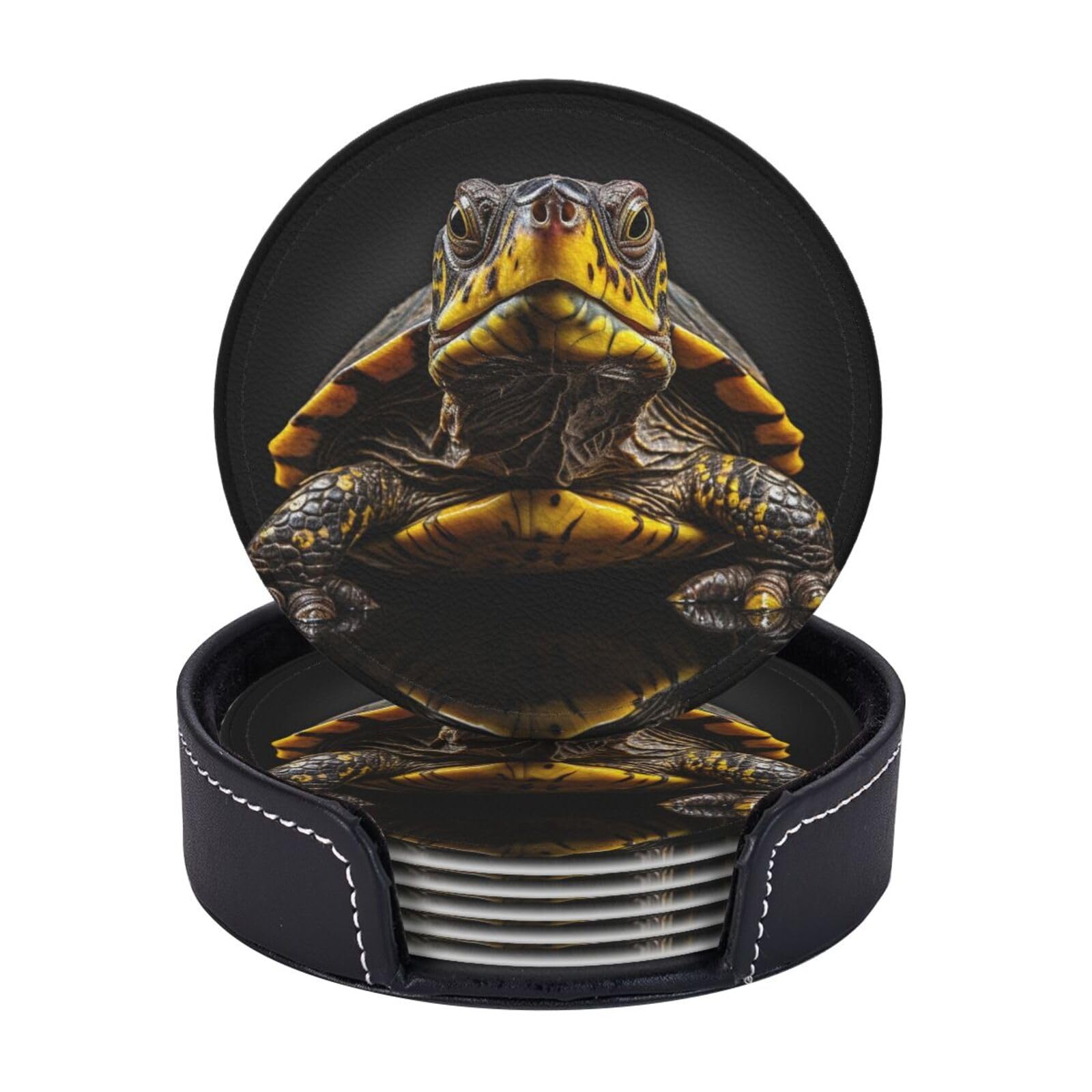 Coasters Set of 6 Leather Drink Coasters with Holder Turtle Coasters for Drinks Heat Resistant Coaster Round Coffee Cup Mat Pad for Kitchen Office Home Decor