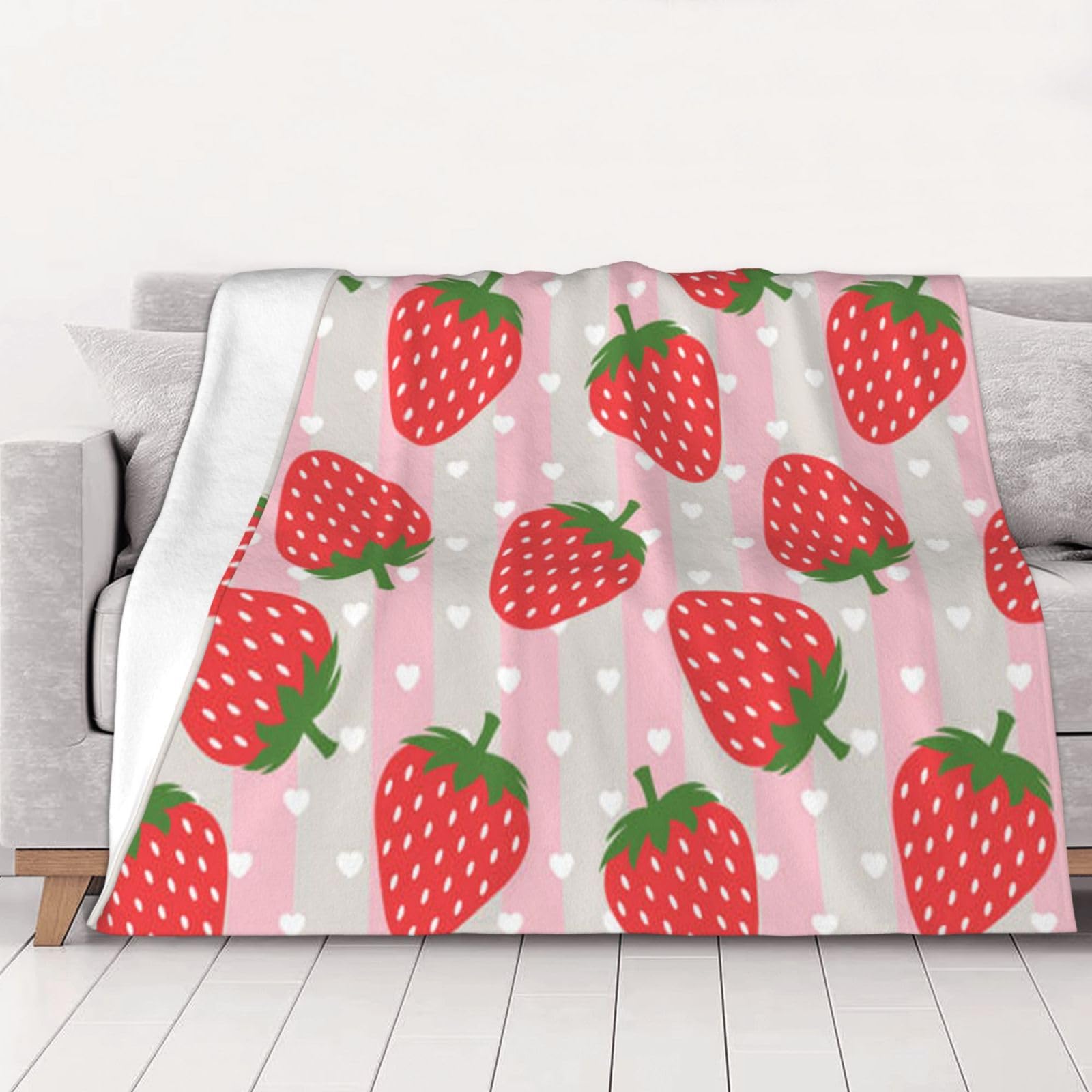 AUBKFELD Pink Strawberry Printed Flannel Blanket 150x125 CM, Soft & Warm Throw Blanket for Sofa/Couch/Bed/Car, Gifts for Audlts Women Men