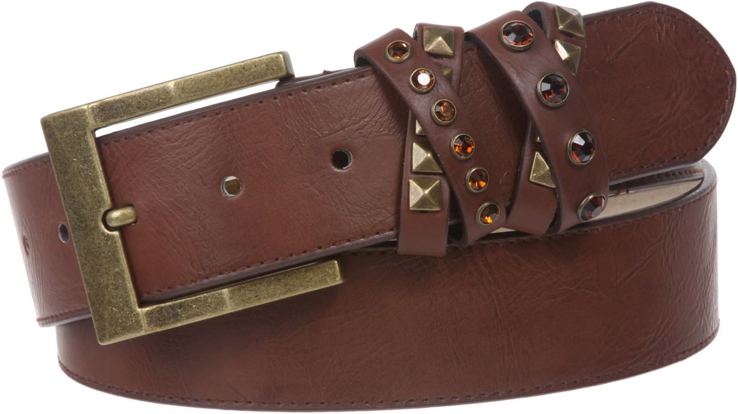Beltiscool 1 1/2 Inch Genuine Leather Jean Belt With Rhinestone Loop Detail