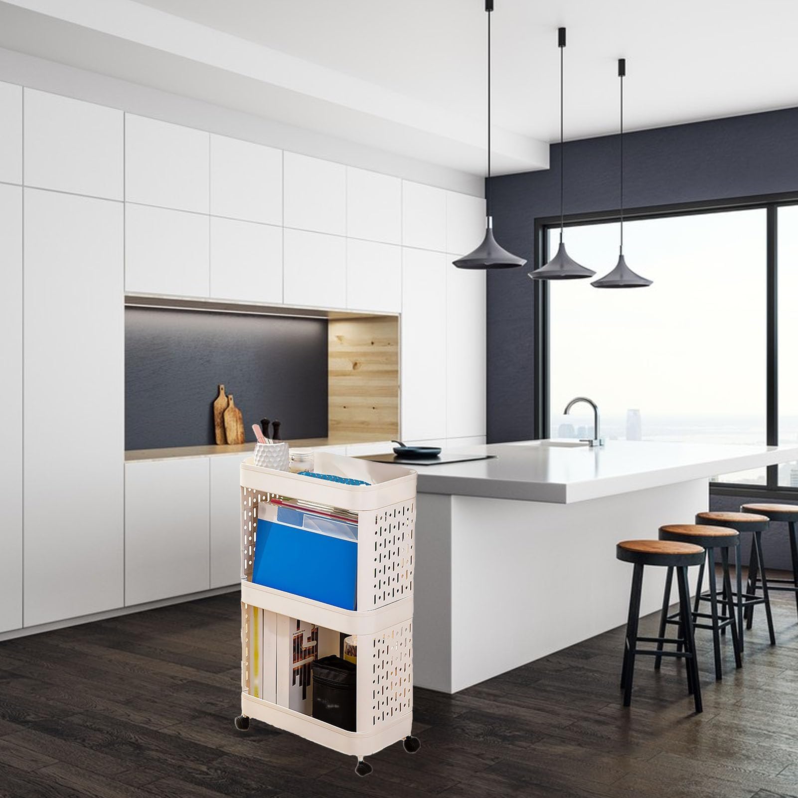 Scaffale per libri mobile in plastica con ruote, carrello portaoggetti sottile con rotelle a 2/3/4 livelli Carrello per libreria mobile per stoccaggio, aula, cucina, 3 livelli