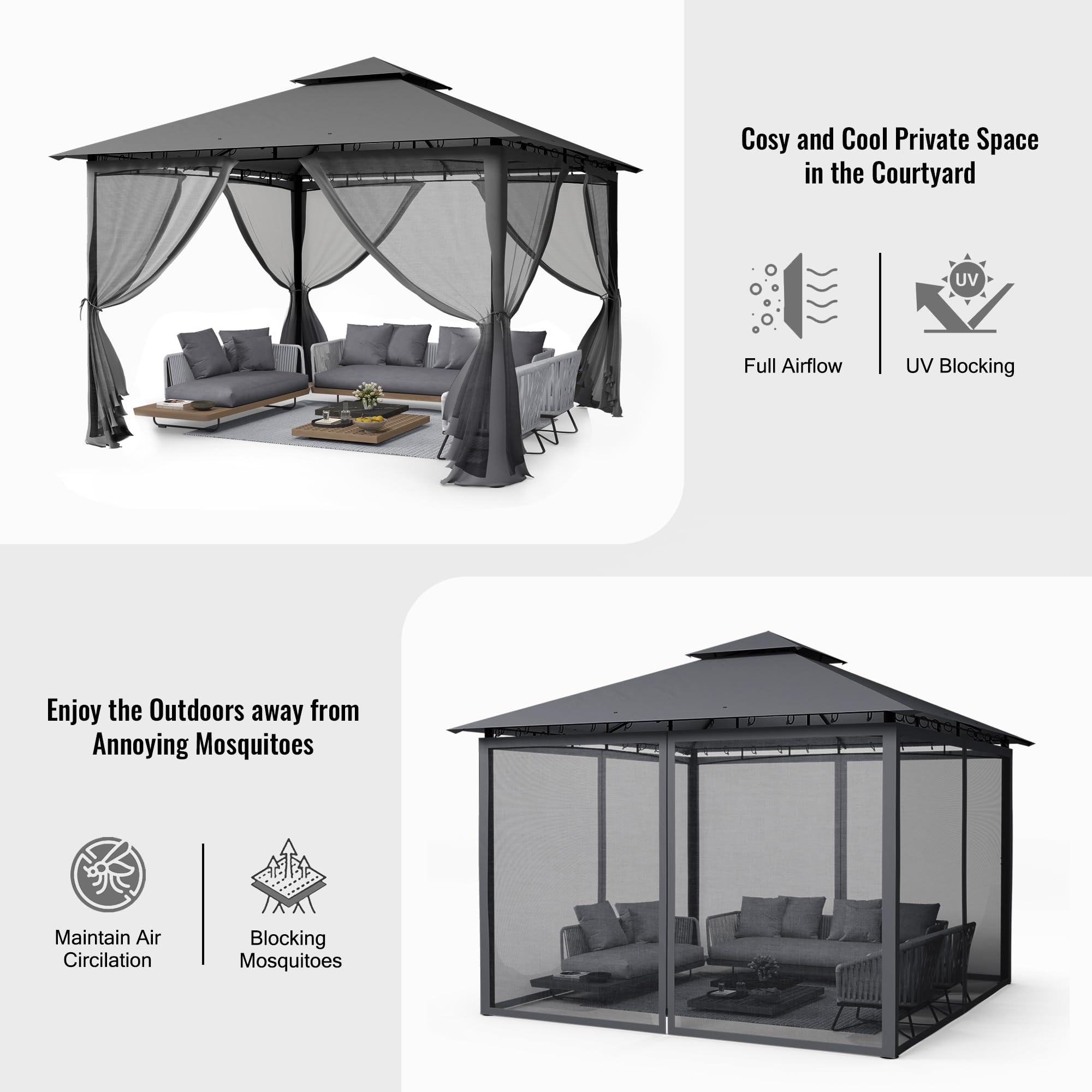 UDPATIO Tonnelle de Jardin Extérieur 3.4x3.4m - Double Toiture Résistante aux Intempéries avec Moustiquaire, Structure Métallique Stable pour Terrasse/Jardin, Gris