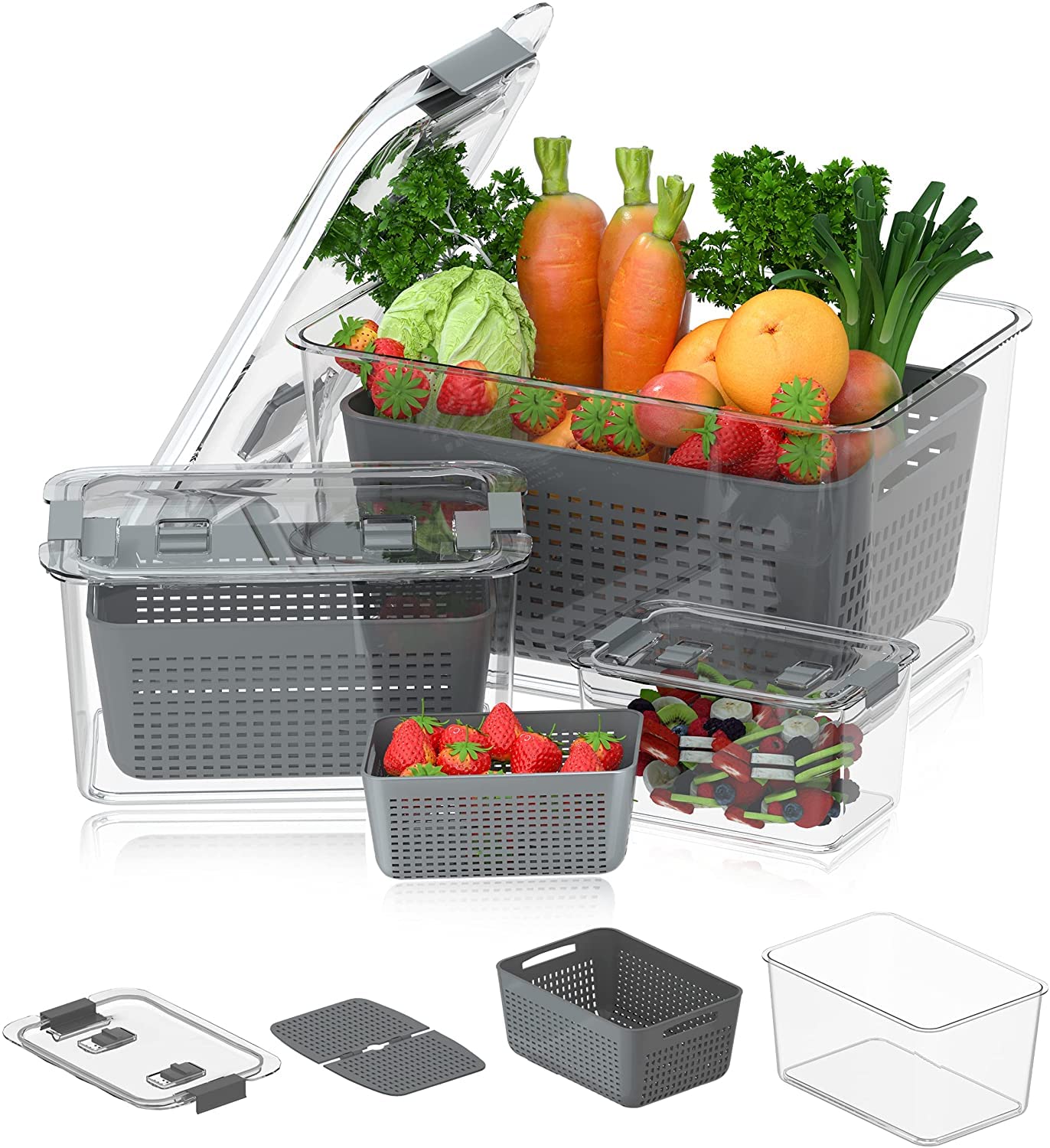 OKJ Fruit Storage Containers for Fridge Stackable Produce Saver Two Vents BPA Free Vegetables Organizer Bins Food Storage Containers with Lids Multifunctional Storage Bins 3 Pack (Gray)