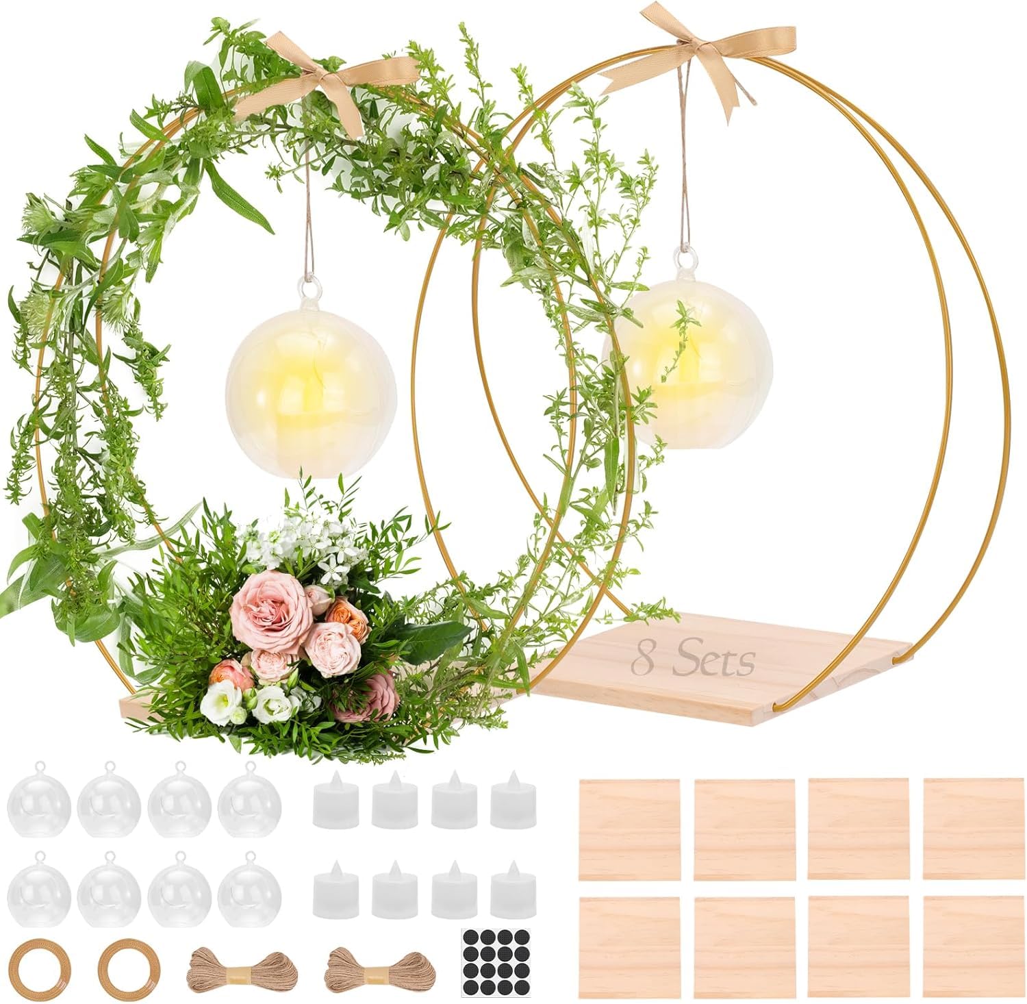 8 Stück Metallringe zum Basteln, 32cm Metallring mit Fuß,Deko Ring mit Ständer, Kerzenlicht & Transparenter Acrylhänger, Deko Hochzeitsgeschenk für Hochzeitstisch Kranz Dekor DIY Handwerk