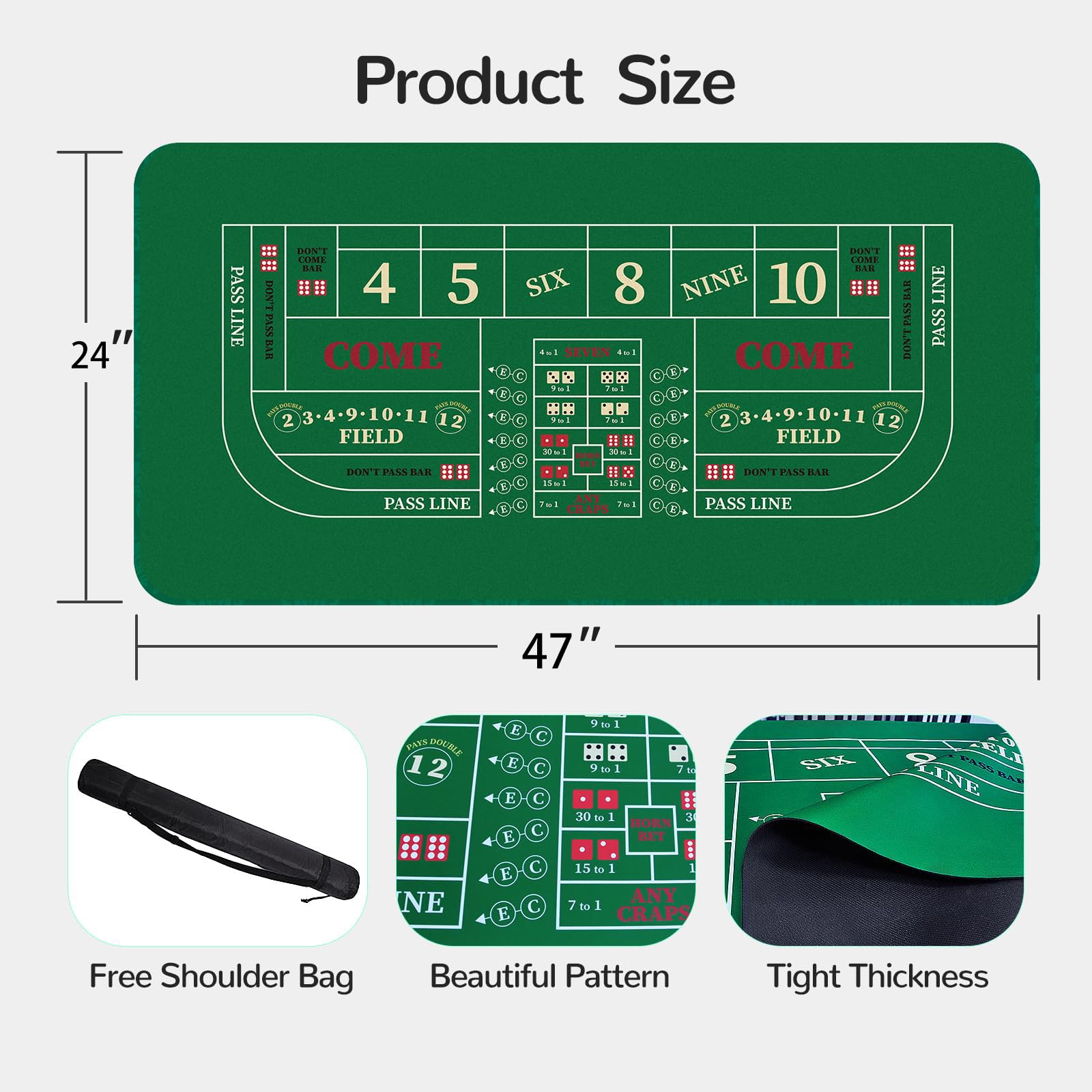 Tragbare Pokertischmatte Professionelle Pokermatte for den Tisch mit Tragetasche, rutschfeste Tischabdeckung aus Gummi mit Craps-Würfelspiel-Layout for Partys, Zuhause(Small)