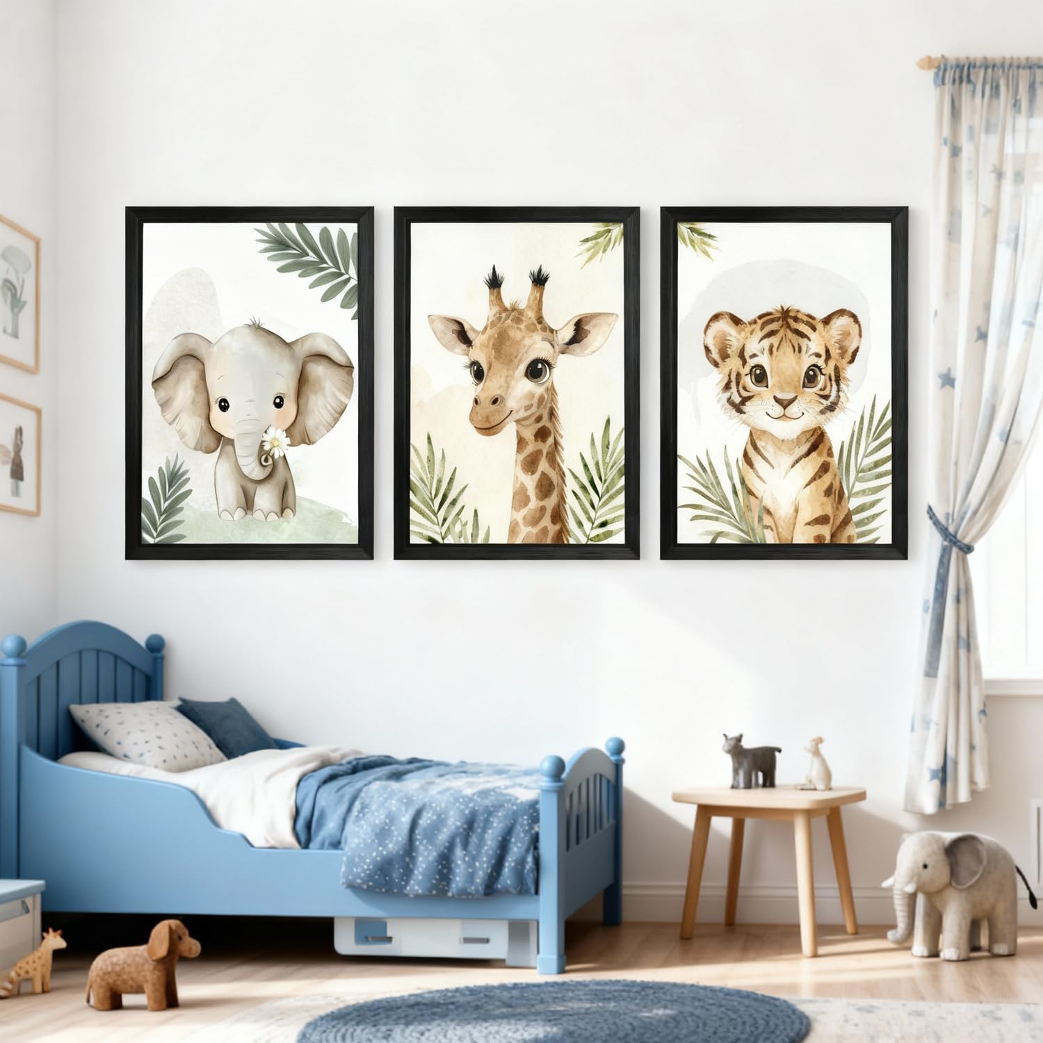 3 Set Safari Nursery Wall Decor, 11x16 Inch Framed Cute Giraffe Elephant Tiger Print Sign, Jungle Theme Cartoon Animal Wall Art for Baby Girl Boy Room Decoration, Black
