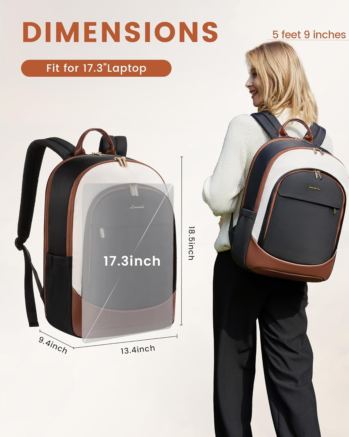 LOVEVOOK 17.3 Inch Laptop Backpack for Women - Work/Business Computer Backpack Purse, Large Capacity Casual Daypack, Travel Bag for Lawyer, Doctor, Teacher, Cream Chestnut Brown - Image 2
