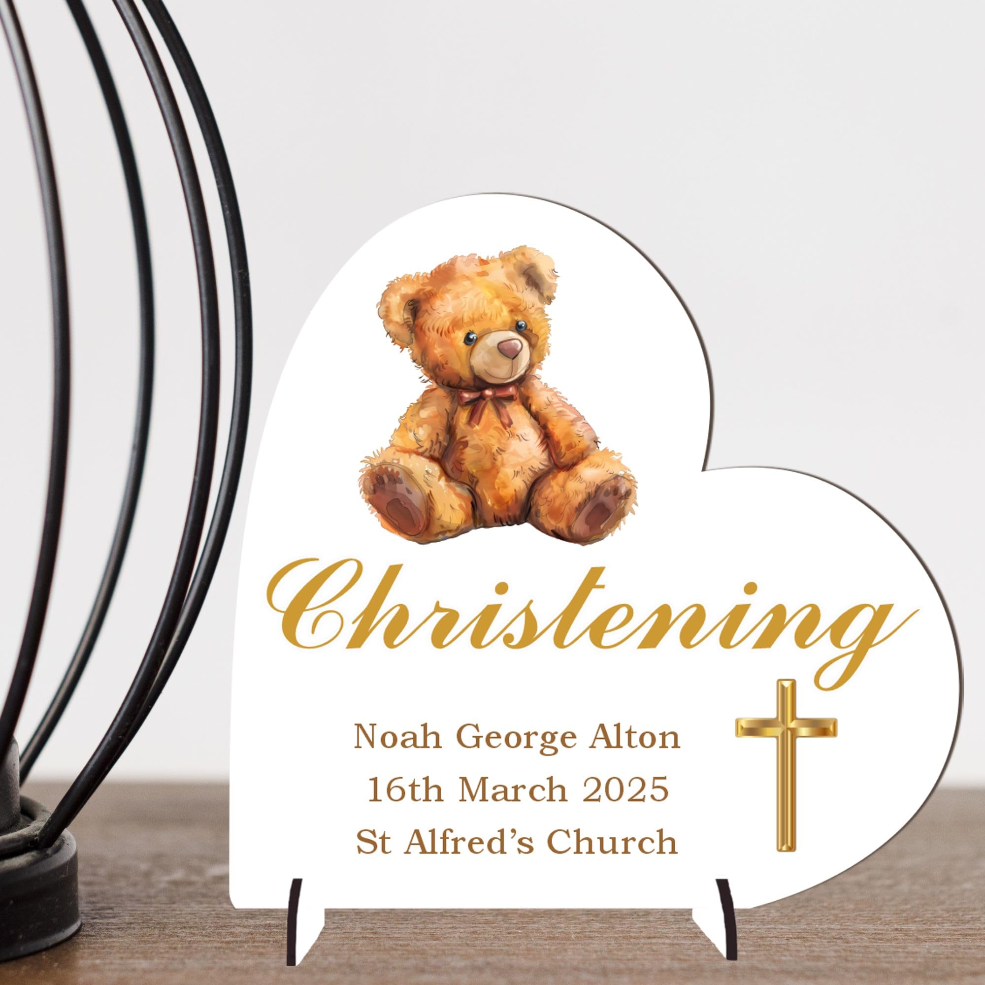 Baptism Gift for Boys & Girls - Personalised Christening, Communion or Confirmation Heart Plaque – Custom Baby Keepsake with Teddy Bear (Christening, MDF Wood - Large - 19cm x 18.5cm)