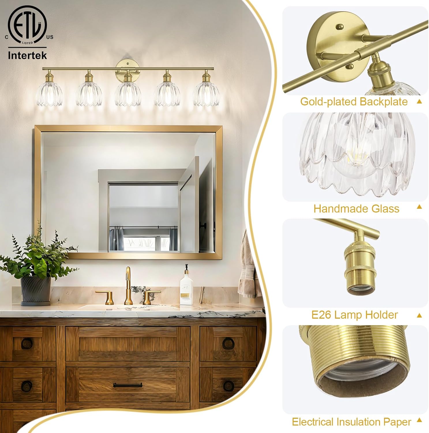 Vintage Bathroom Light Fixtures,5-Light Hardwired Vanity Lights with Clear Tulip Glass Shade,Gold Bathroom Vanity Light for Mirror Restroom,E26 Socket,33.46 in(Bulbs Not Included)