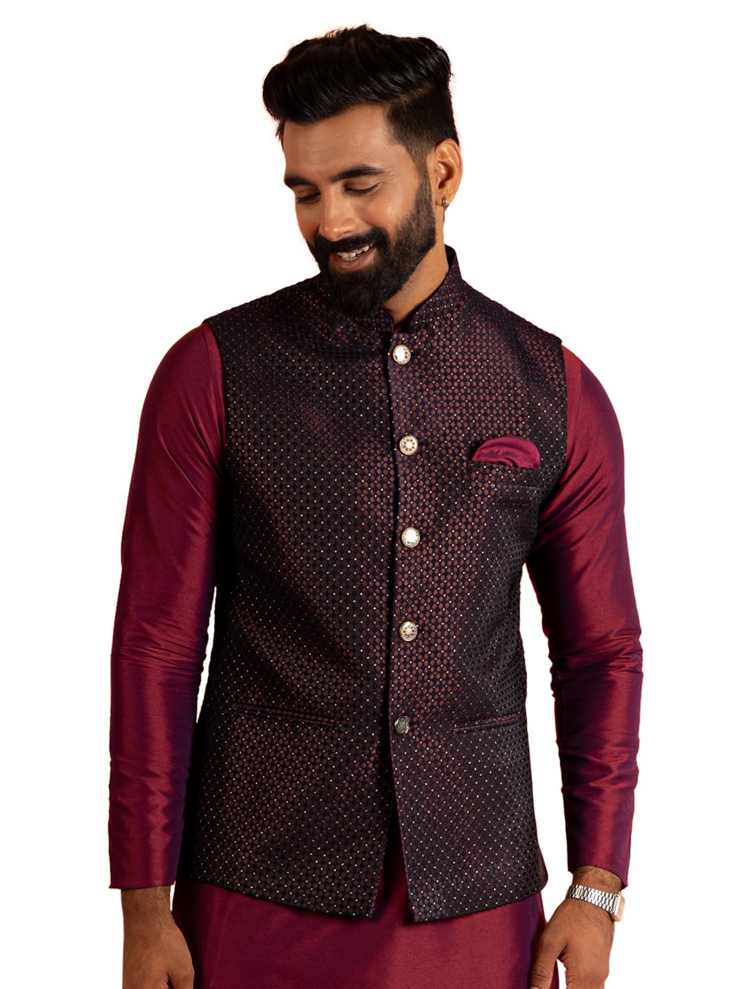 kisah Men Men's Nehru Jacket Navy Blue Ethnic Festive Traditional Waistcoat Cotton, Regular Fit-picture-47