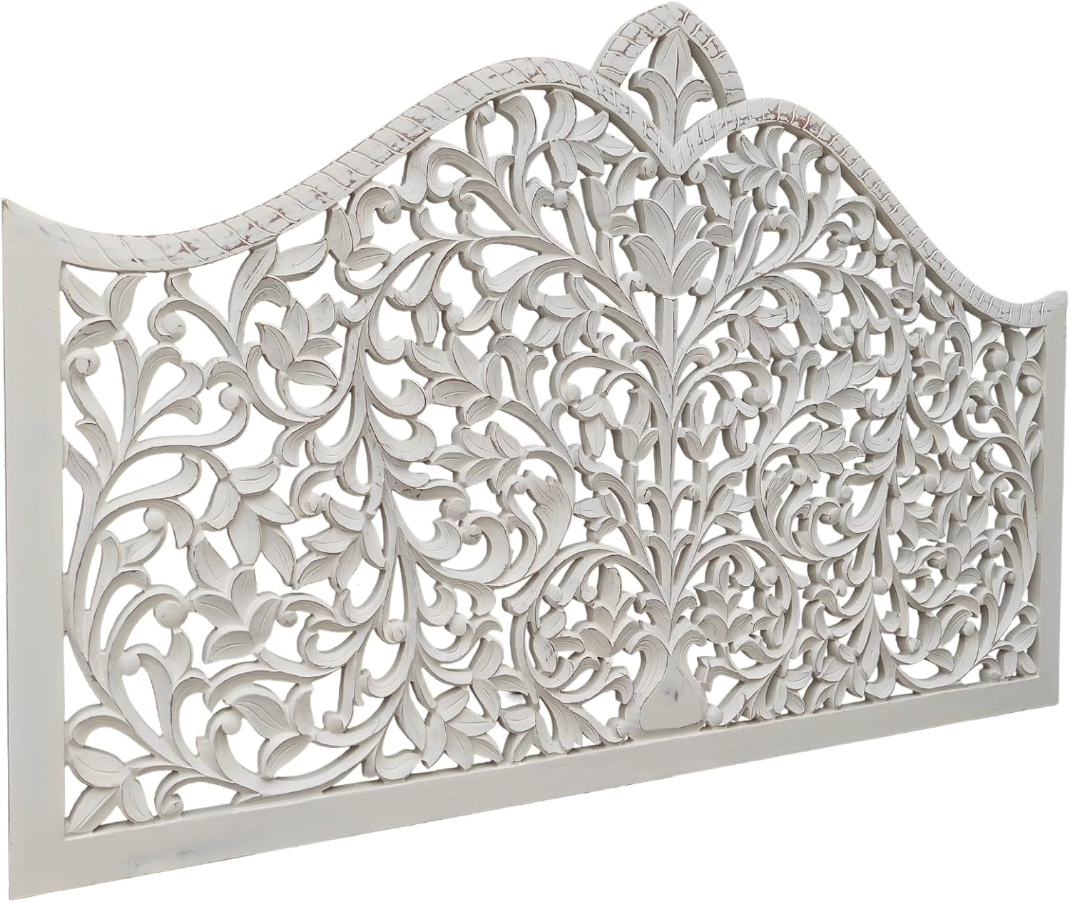 Hand Carved White Wash Texas Headboard Leaf Carving Bed Head Wall Art Hanging Home Bedroom Decoration Tropical Home Decor (Queen Size- 63x40x1 -inches) | Engineered Wood