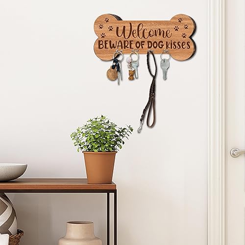 Miniatura 4 de Llavero de madera con 4 ganchos  Welcome Beware of Dog Kisses Organizador decorativo de llaves para pared  Casa Oficina Cocina Pasillo Entrada