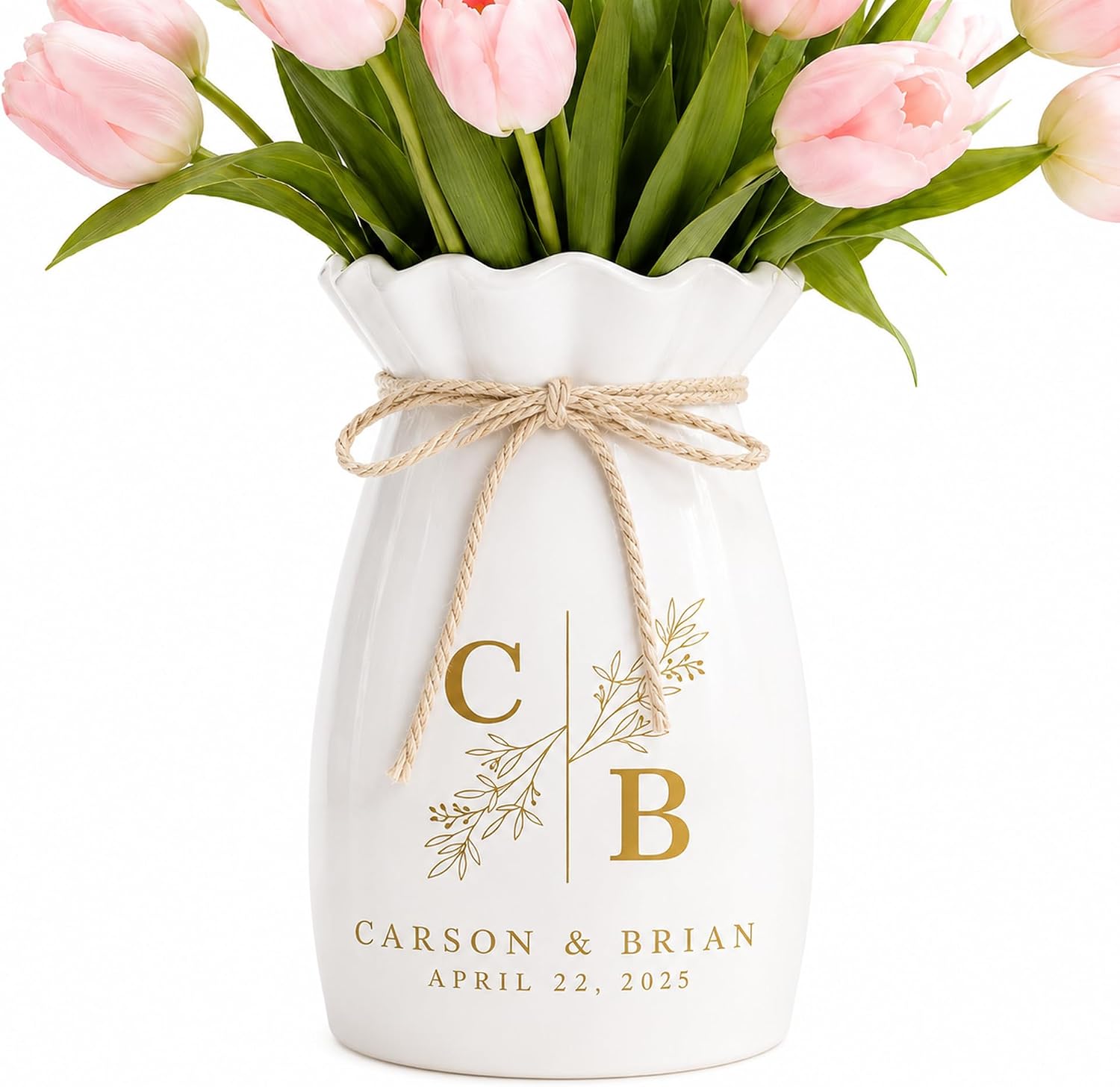 Personalized Ceramic Flower Vase for Couples, Custom Engagement Vase with Initials and Date, Bridal Shower Gift for Newlyweds, Wedding Table Decor Vase